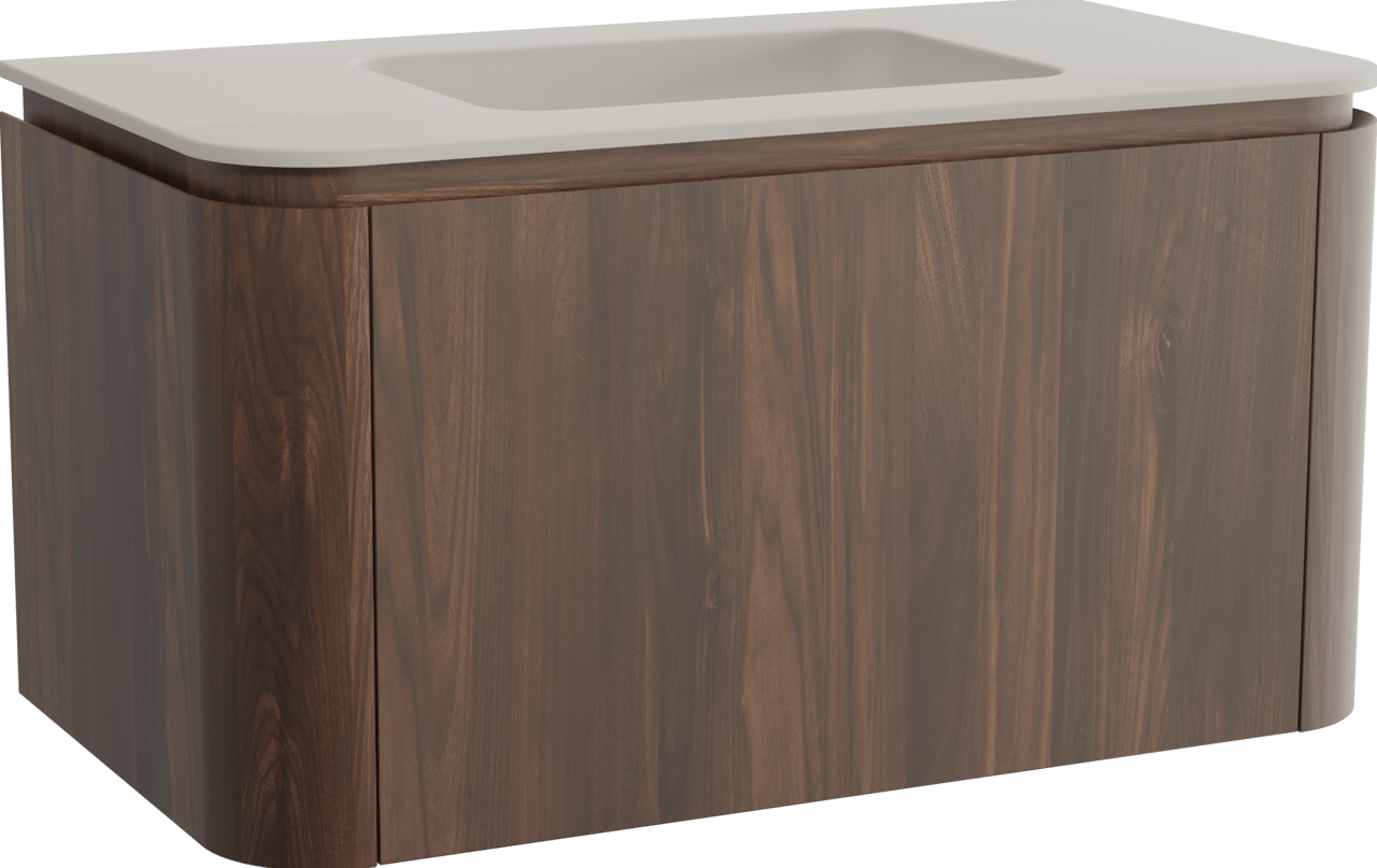 Balmani Moon zwevend badmeubel 100 x 55 cm amerikaans notenhout met Moon enkele wastafel in top solid zijdegrijs