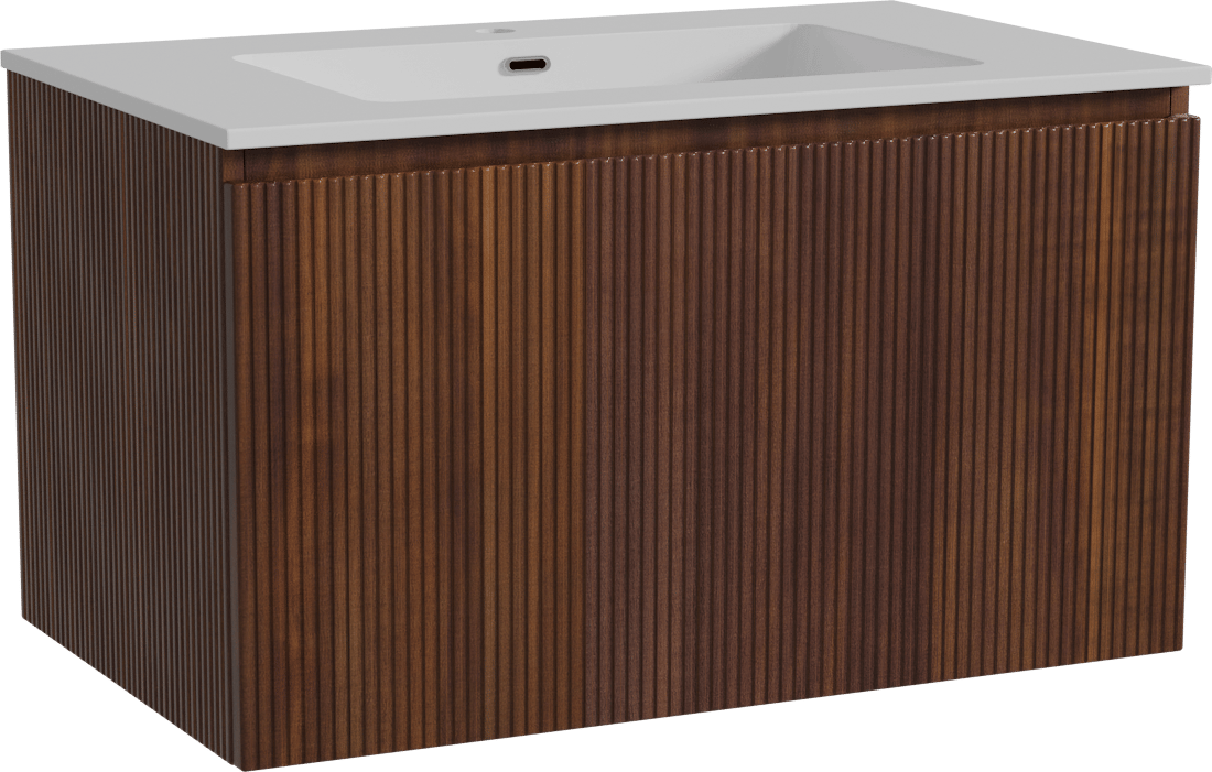 Storke Ribs zwevend badmeubel 85 x 52 cm notenhout met Diva enkele wastafel in composietmarmer hoogglans wit, Verticale symmetrische rechte ribbel