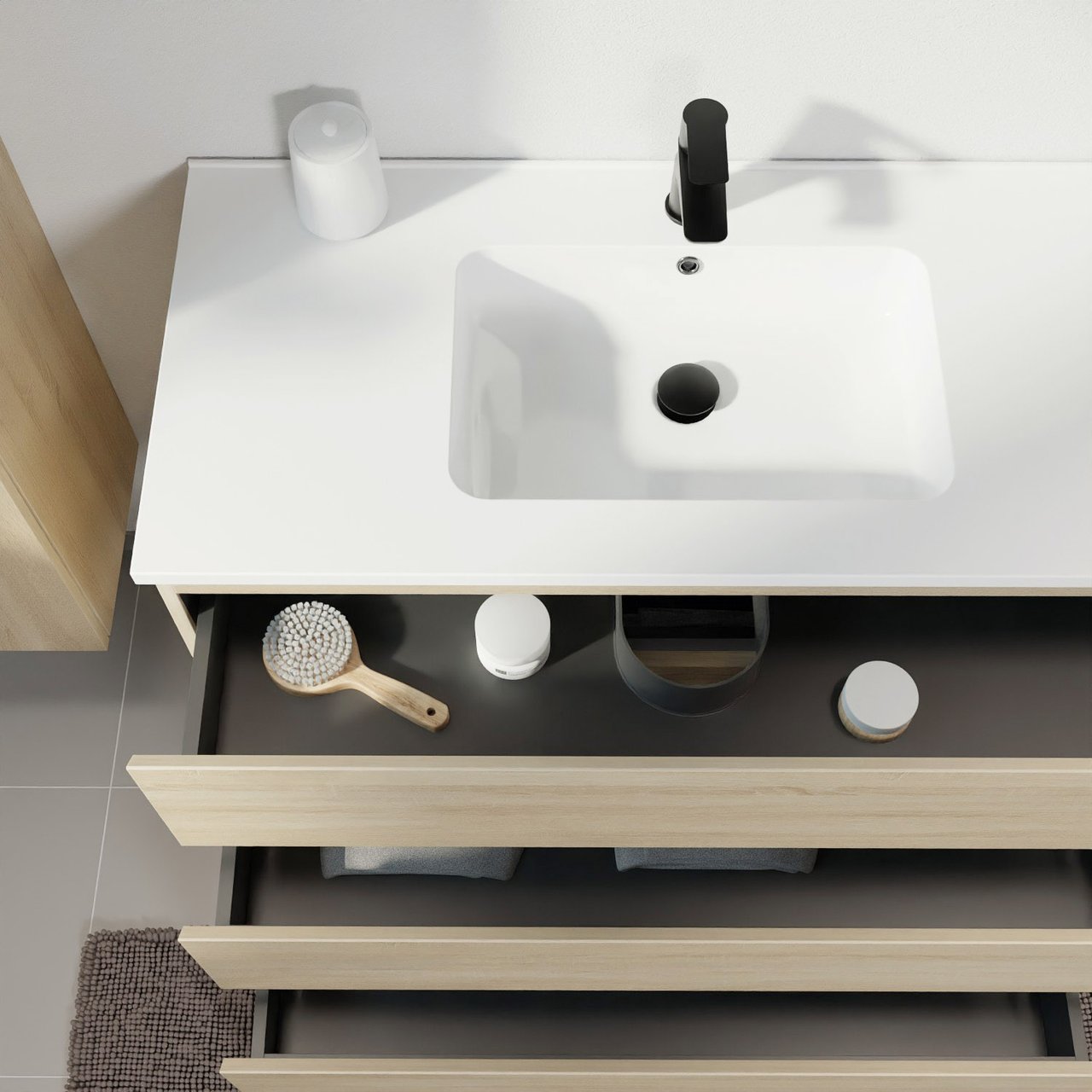 Linie Lado staand badmeubel 100 x 46 cm wit eiken met Vano enkele wastafel in composietmarmer hoogglans wit