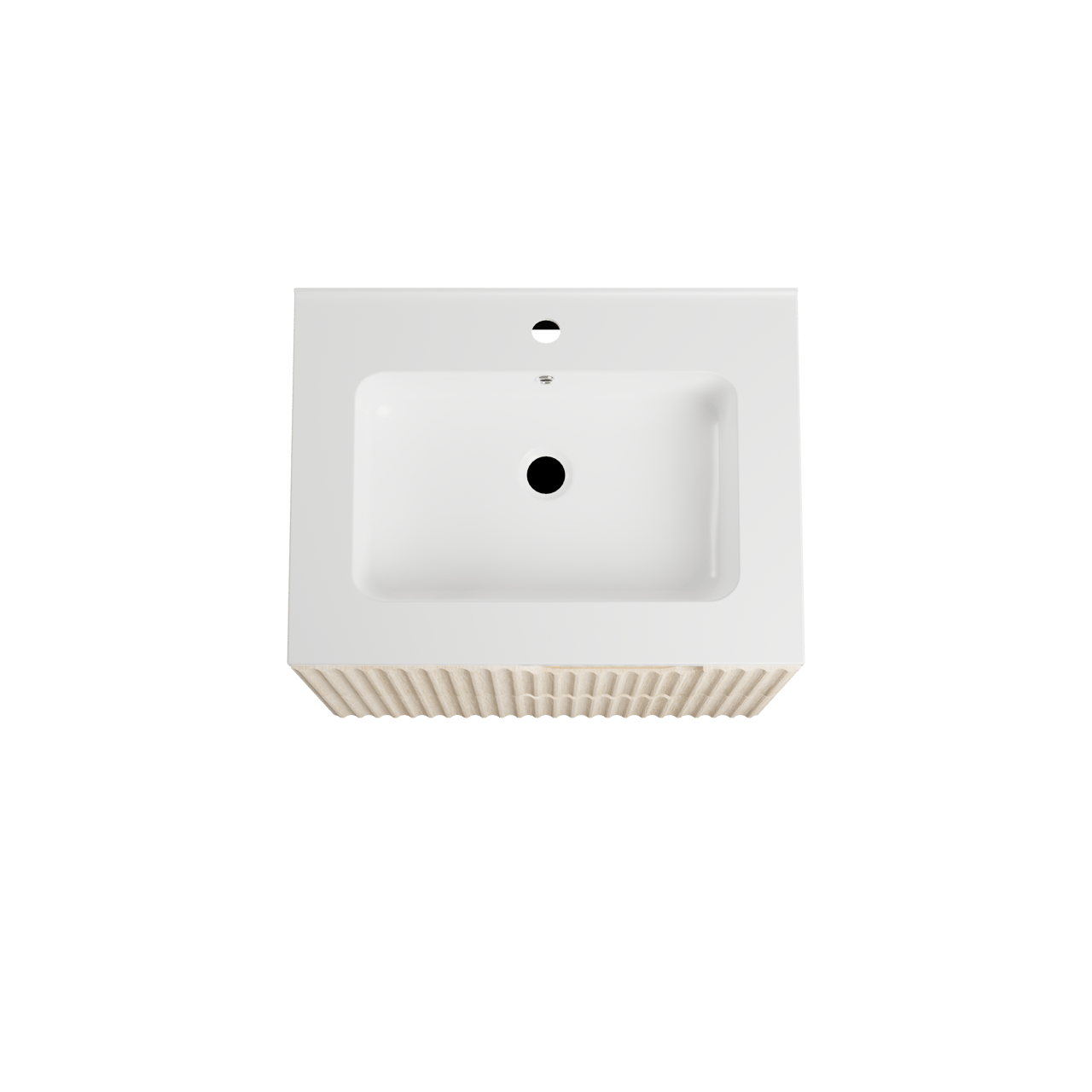 Linie Ribbo zwevend badkamermeubel 60 x 46 cm lichte eik met Vano enkele wastafel in composietmarmer glanzend wit, Verticale symmetrische ronde ribbel