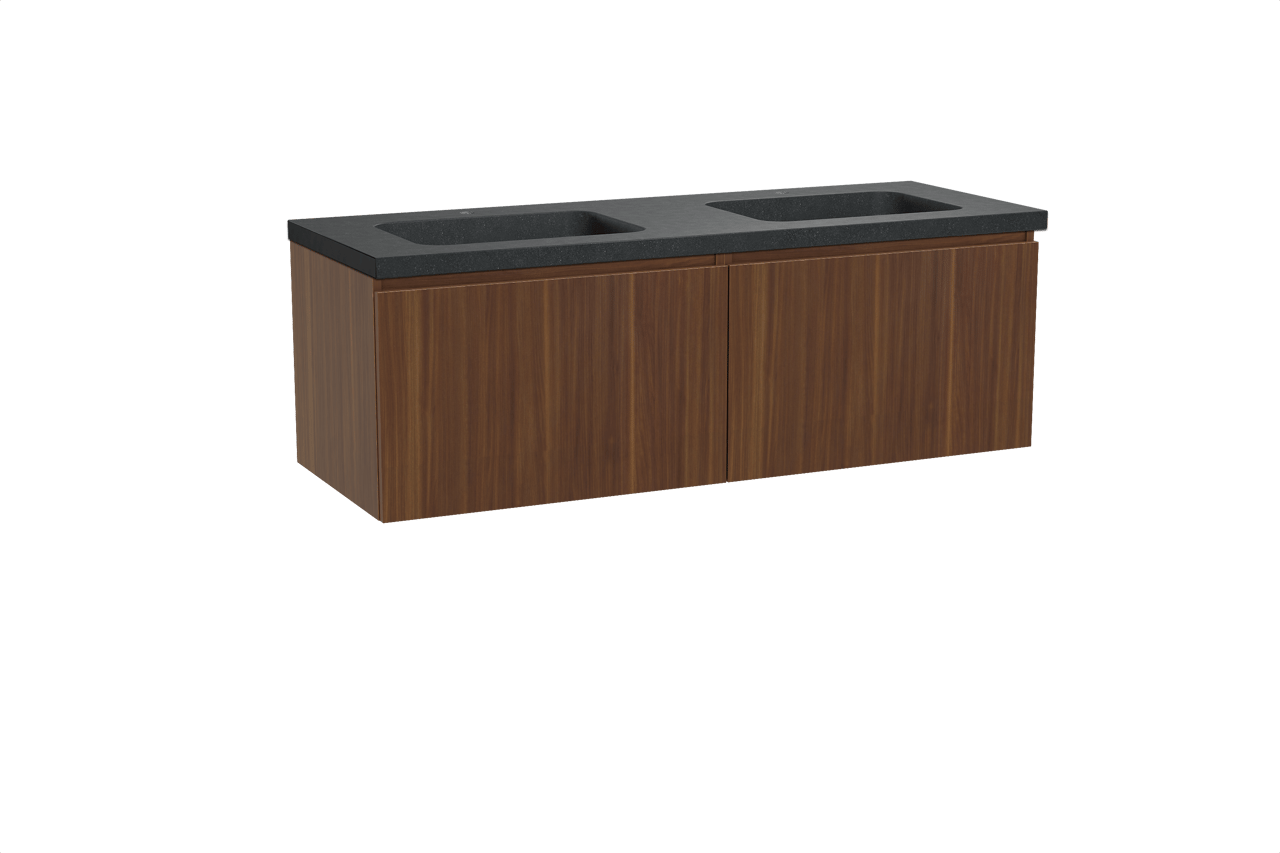 Balmani Sfera hängendes Möbelstück Set: 150 x 55 cm, Amerikanischer Nussbaum, mit Napoli Doppelwaschtisch, Schwarzes Granit