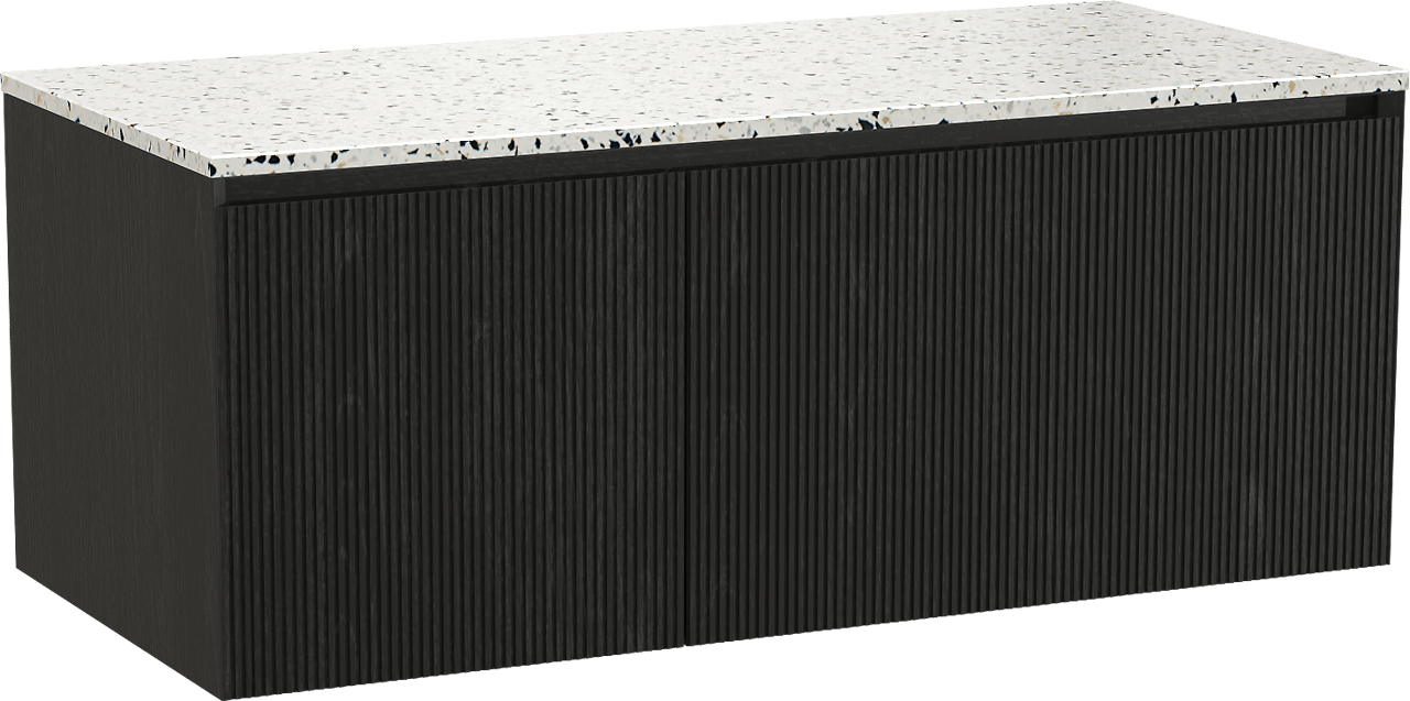 Balmani Fila zwevend badkamermeubel 120 x 55 cm zwarte eik met Stretto enkel of dubbel tablet in mat wit/zwart terrazzo, Verticale symmetrische rechte ribbel