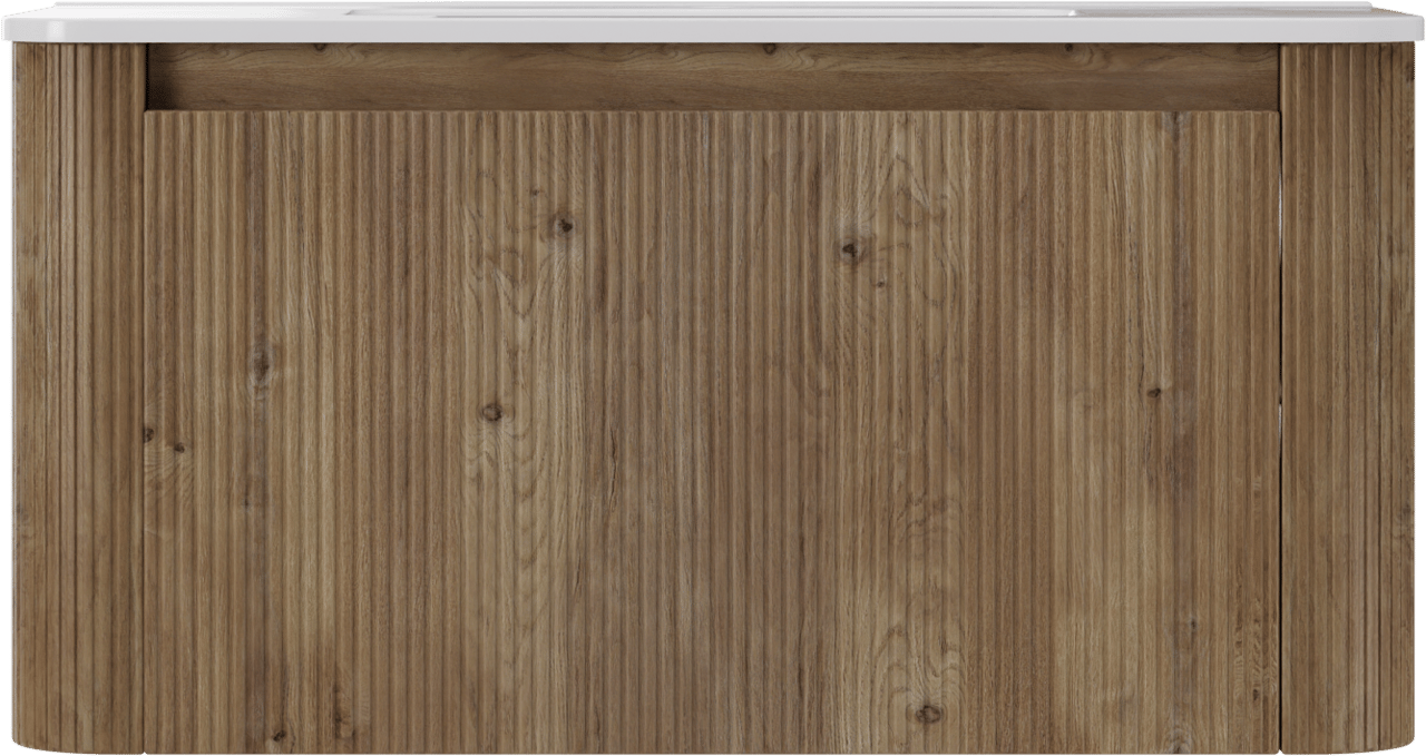 Storke Soft hängendes Möbelstück Set: 100 x 46 cm, Eiche rau, mit Kera Soft Einzelwaschtisch Keramik Weiβ glänzend, Vertikale symmetrische gerade Rippe