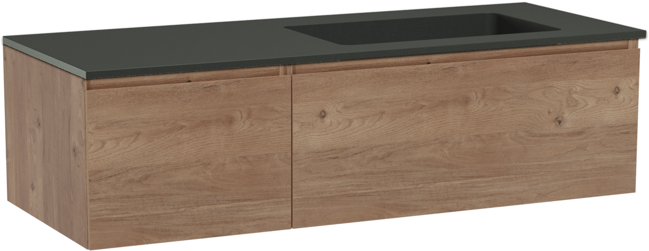 Storke Edge meuble salle de bains suspendu 130 x 52 cm chêne brut avec Scuro vasque asymétrique droite en quartz noir mat