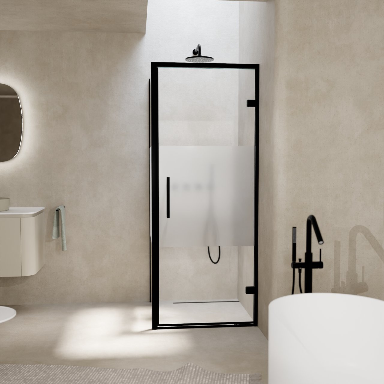 Balmani Senses Design douchecabine met rechtse draaideur en vaste zijwand, 90 x 100 cm, Helder glas met matte strook, Zwarte profielen