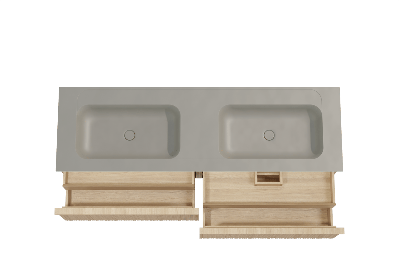 Balmani Forma hängendes Möbelstück Set: 180 x 55 cm, Naturbelassene Eiche, mit Tablo Strada Doppelwaschtisch, Marmorkomposit, Seidengrau, Vertikale asymmetrische Runde Rippe