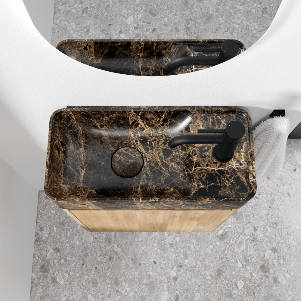 Balmani Fara zwevend toiletmeubel 45 x 22 cm naturel eiken met Fara wastafel in Dark Emperador marmer