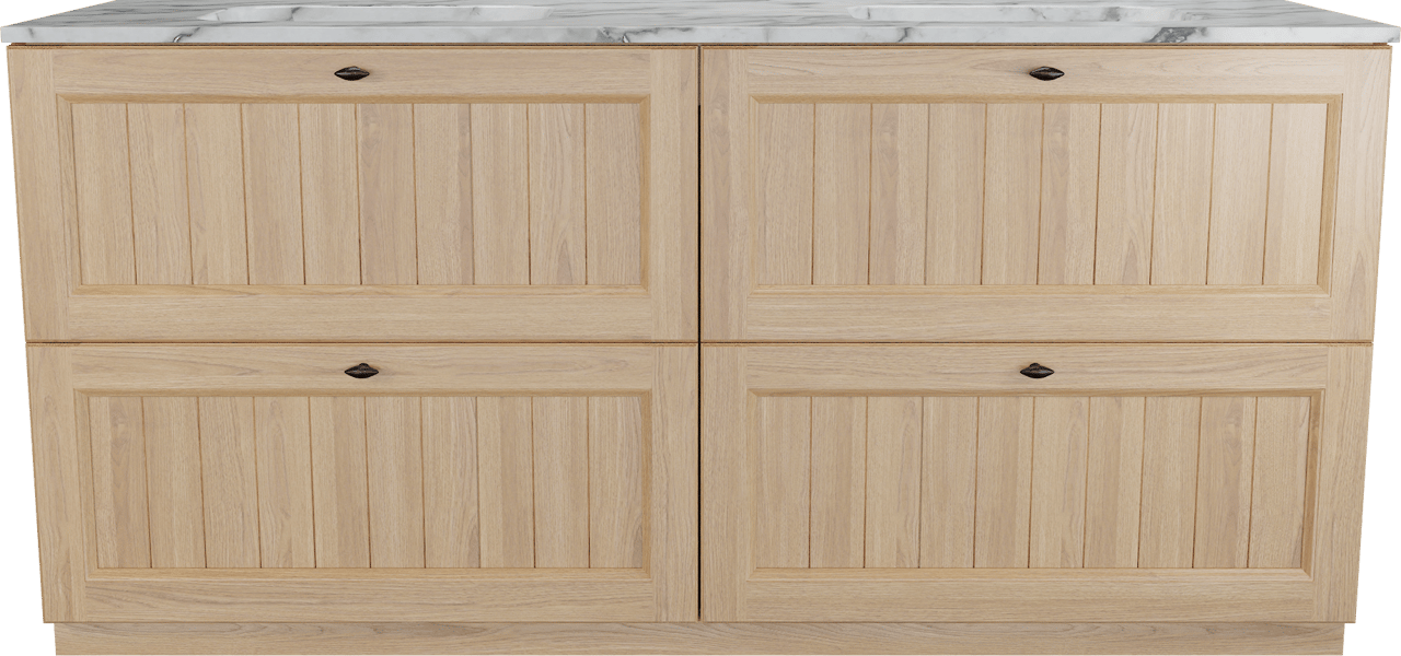 Balmani Lemon freistehendes Möbelstück Set: 180 x 55 cm, Naturbelassene Eiche Furnier, mit Tablo Arcato Doppelwaschtisch, Carrara