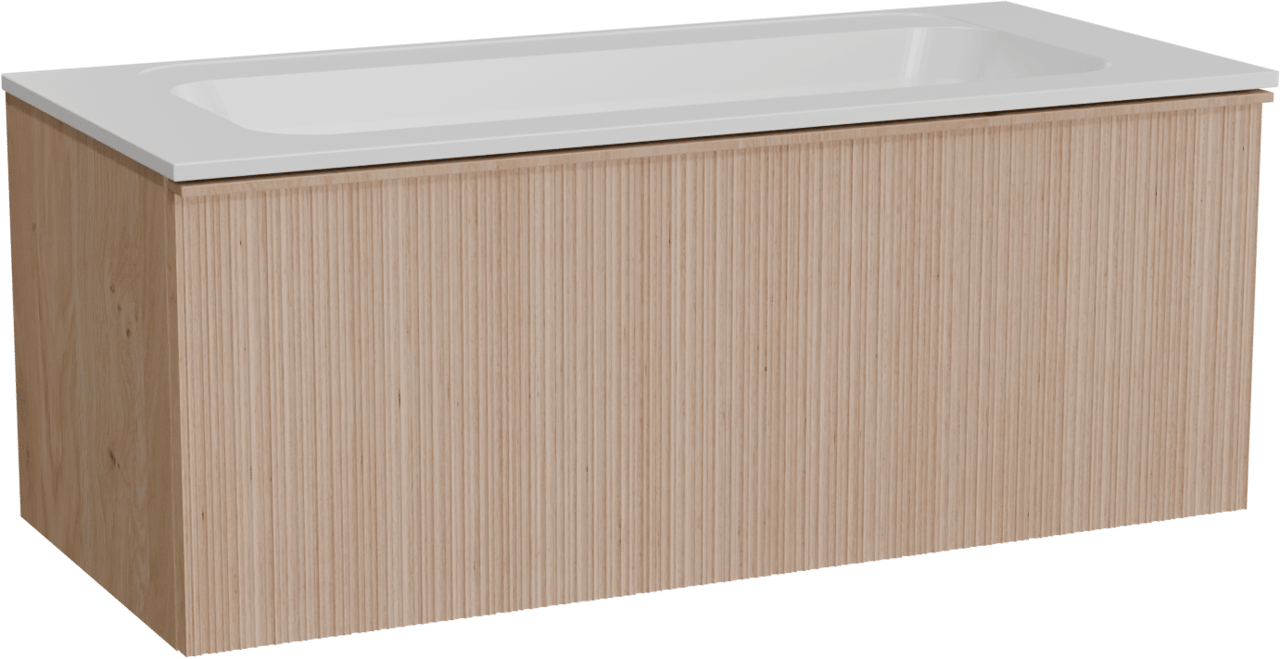 Balmani Forma zwevend badkamermeubel 120 x 55 cm natuur eik met Tablo Strada enkele wastafel in composietmarmer mat wit, Verticale asymmetrische ronde ribbel