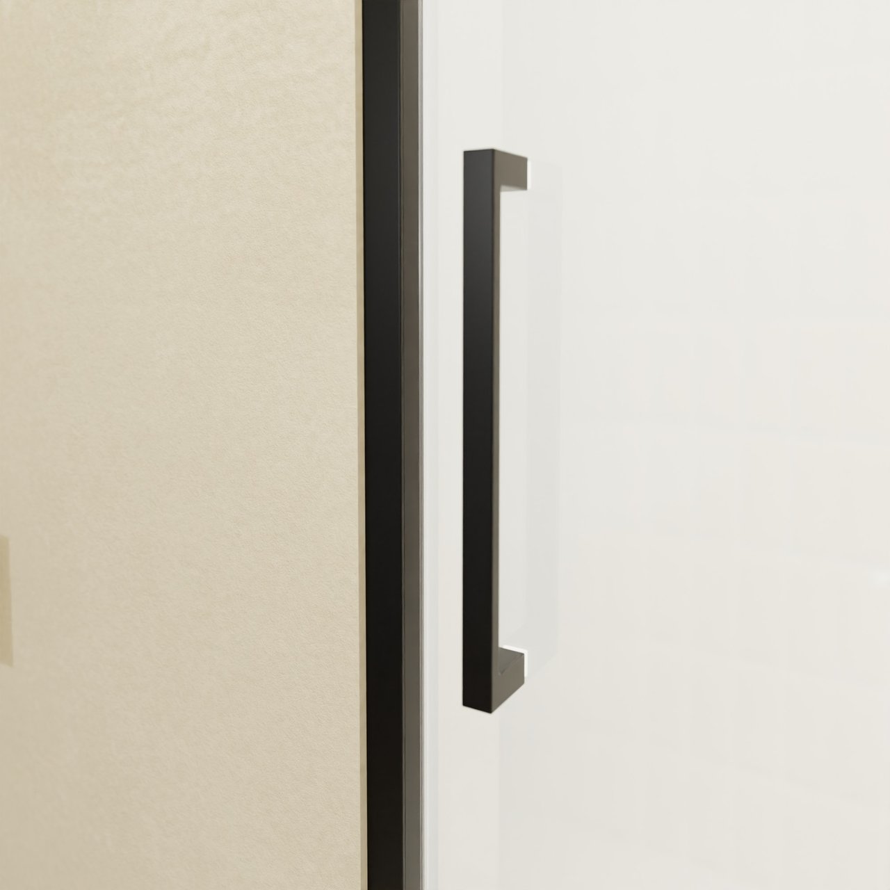 Balmani Senses Design douche schuifdeur rechts 160 cm x 210 cm Helder glas met matte strook glas, Zwarte profielen