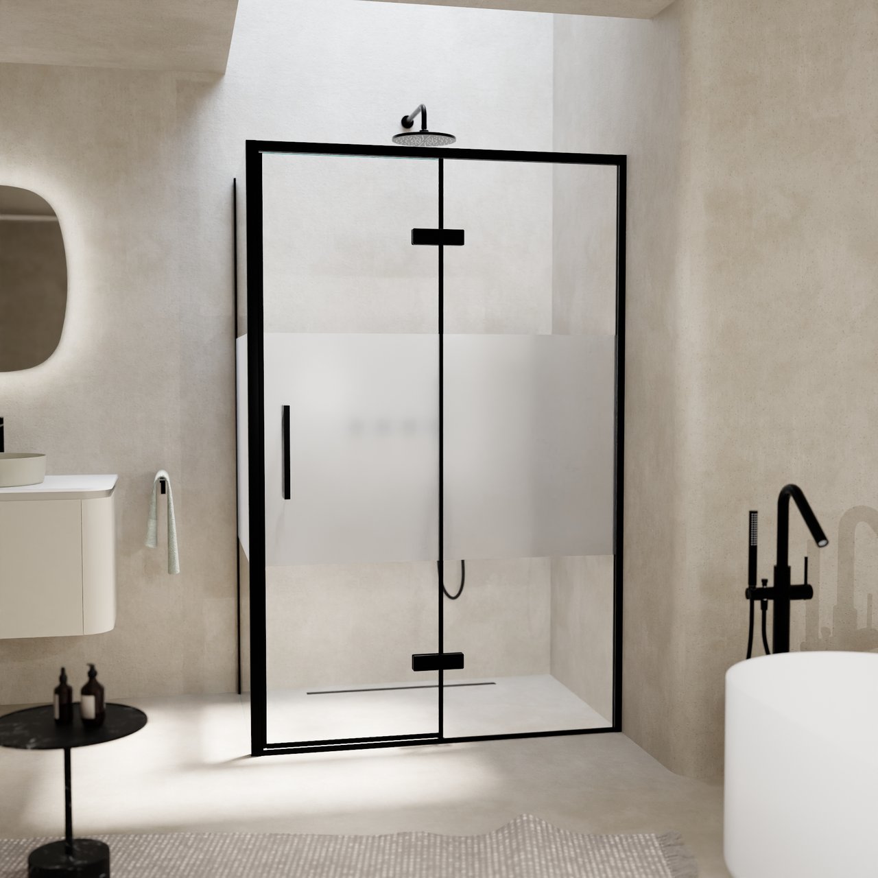 Balmani Senses Design douchehoek met rechtse draaideur en vaste zijwand, 120 x 100 cm, Helder glas met matte strook, Zwarte profielen, met coating