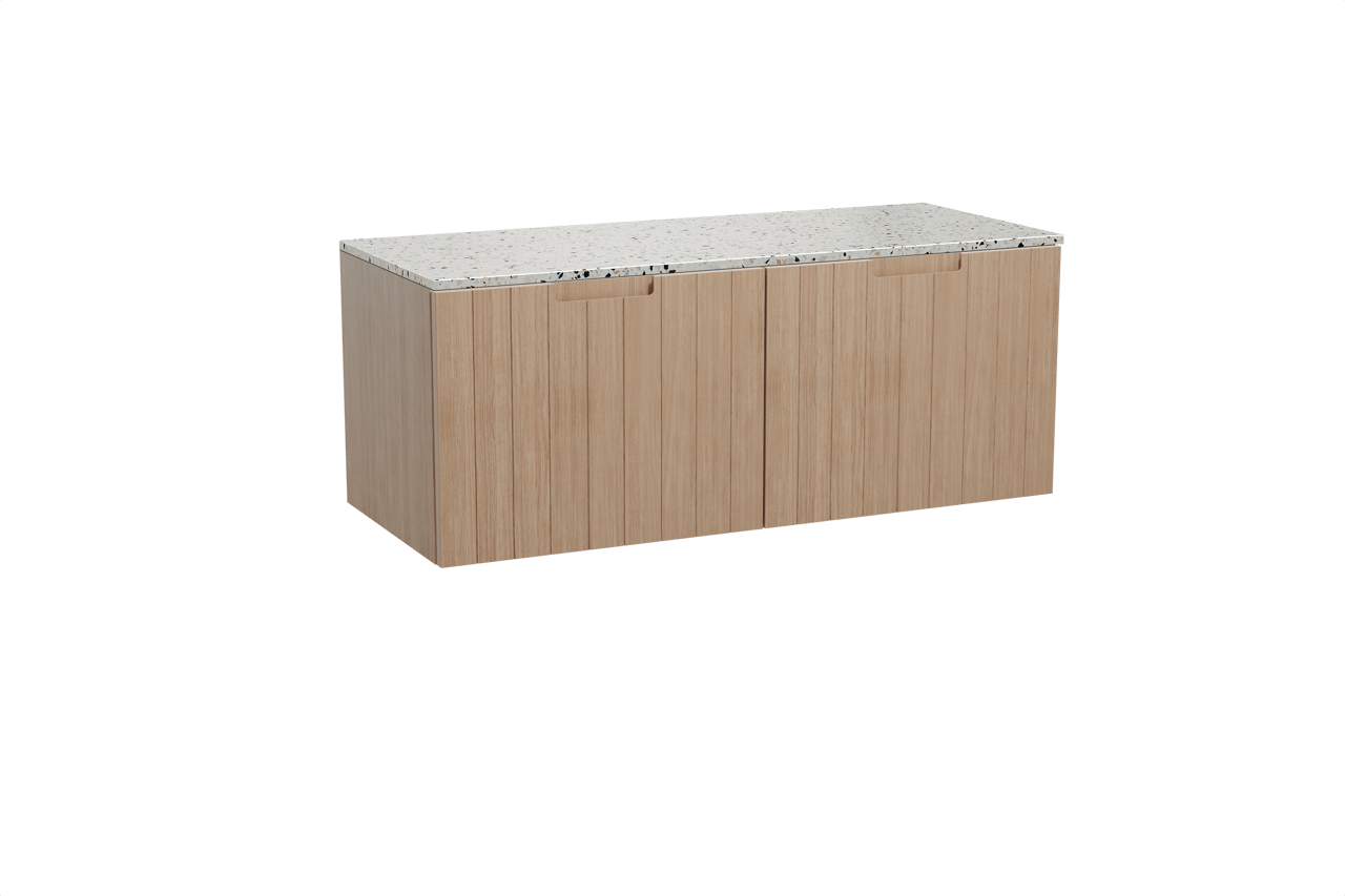 Balmani Adagio hängendes Möbelstück Set: 135 x 55 cm, Verwitterte Eiche, mit Stretto Einzel- oder Doppel Waschtischplatte, Terrazzo in Weiß/Schwarz matt