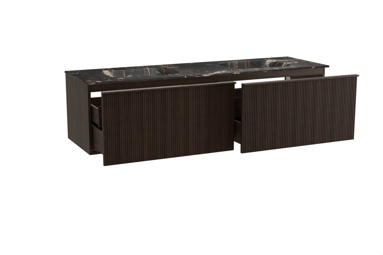 Balmani Forma zwevend badkamermeubel 180 x 55 cm gerookte eik met Tablo Arcato dubbele wastafel in marmer portoro gold, Verticale symmetrische rechte ribbel