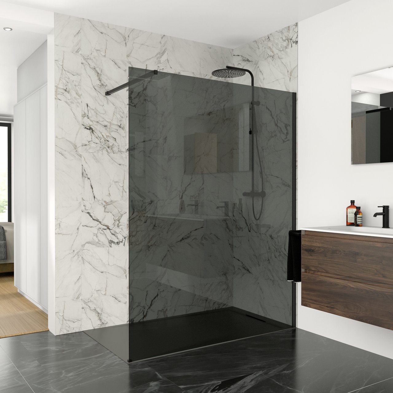 Balmani Modular douche à l'italienne 180 x 200 cm verre fumé profil noir mat