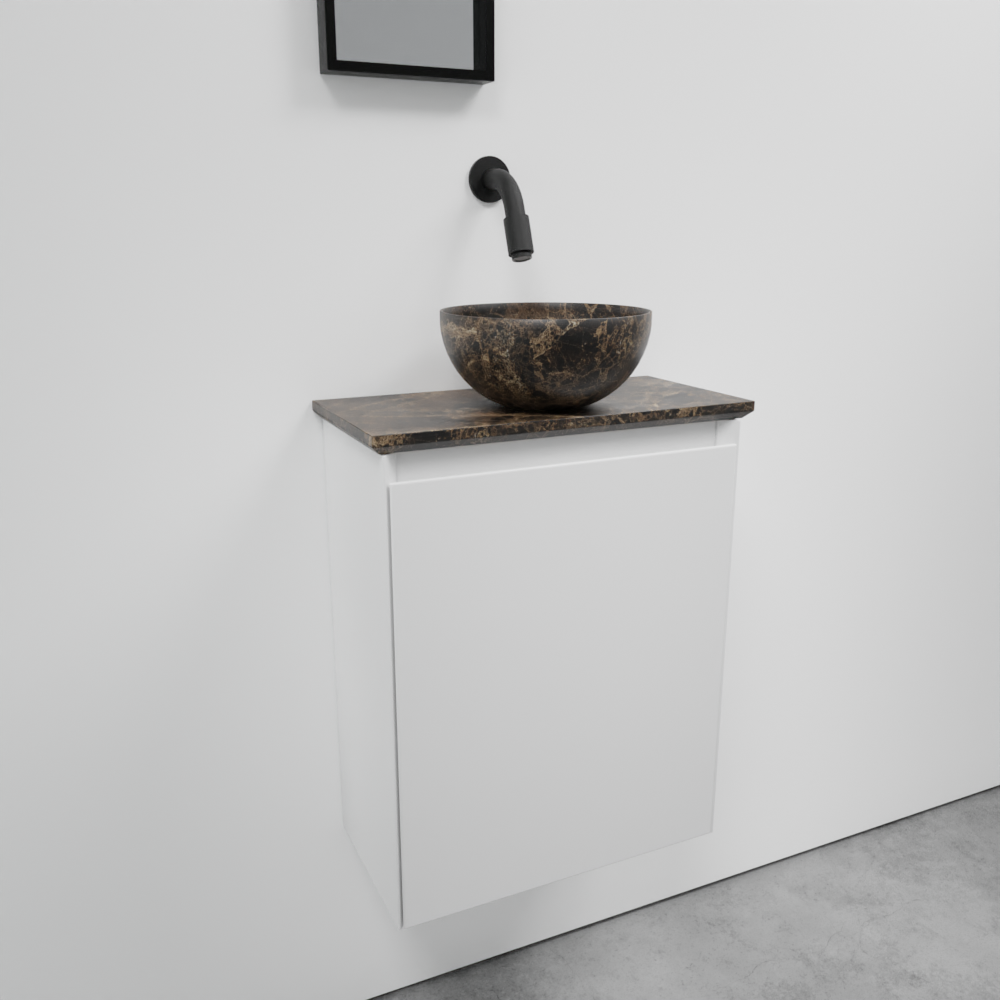 Balmani Mitra zwevend toiletmeubel 42 x 21 cm mat wit met Facetta tablet en Bari XS waskom in Dark Emperador marmer