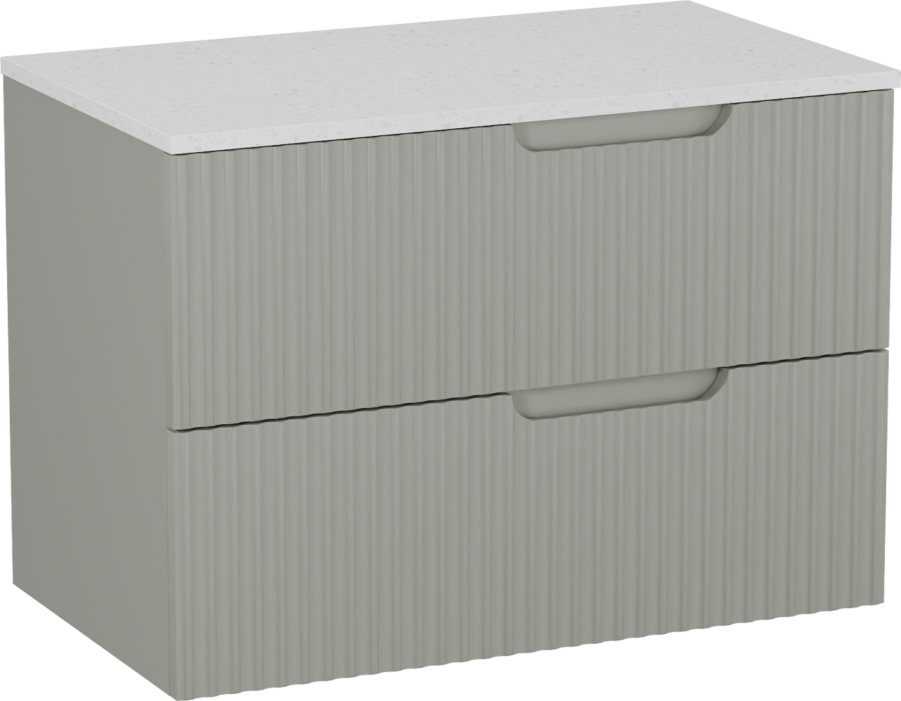 Linie Ribbo zwevend badkamermeubel 80 x 46 cm greige met Lado enkel tablet in melamine terrazzo wit, Verticale symmetrische ronde ribbel