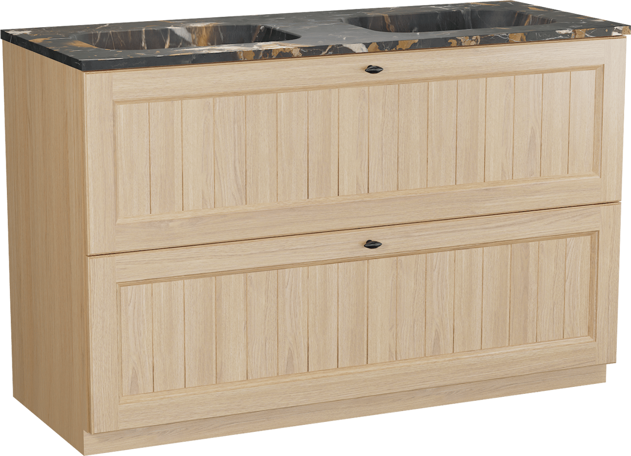 Balmani Lemon staand badkamermeubel 135 x 55 cm, fineer natuur eik met Tablo Arcato dubbele wastafel in portoro gold