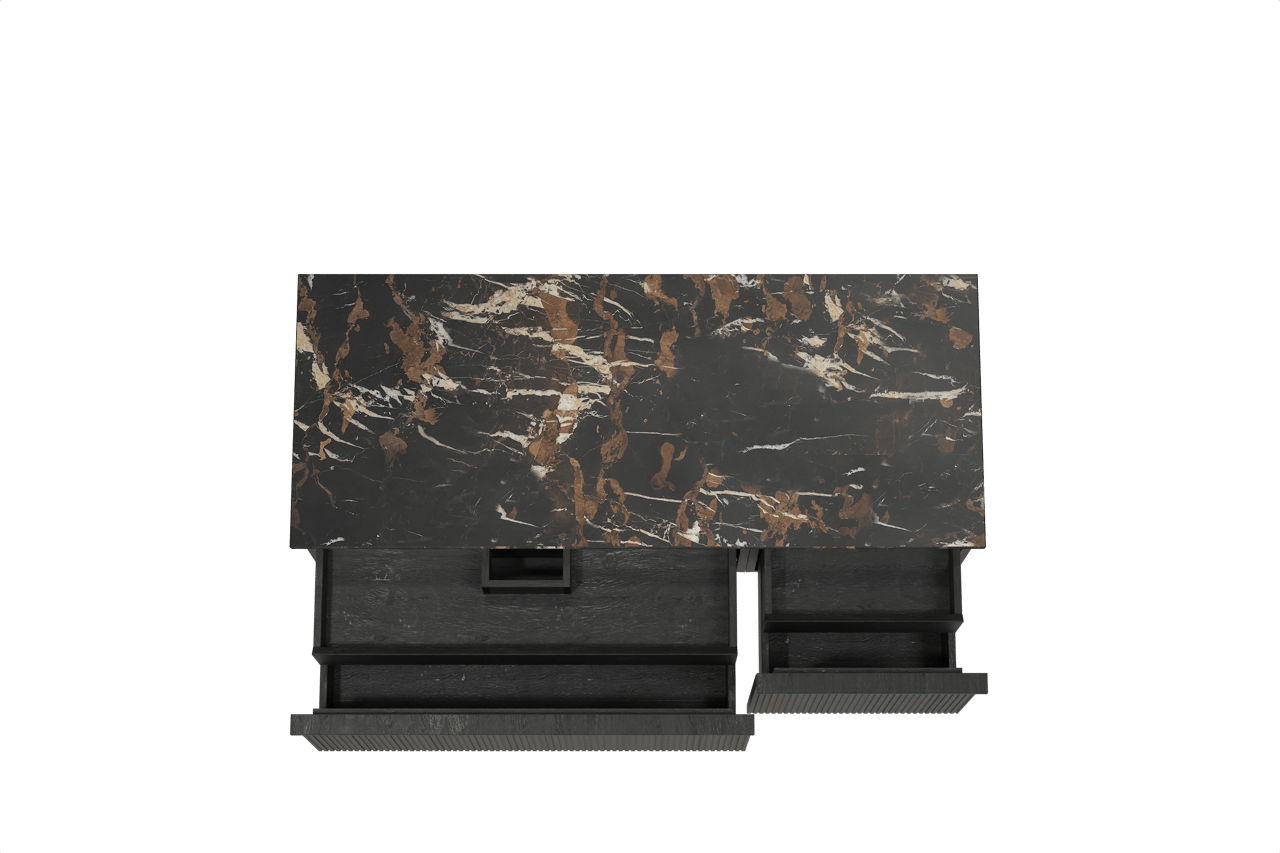 Balmani Forma zwevend badkamermeubel 135 x 55 cm zwarte eik met Stretto enkel of dubbel tablet in marmer portoro gold, Verticale symmetrische rechte ribbel