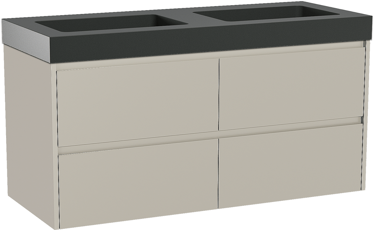 Storke Seda zwevend badmeubel 130 x 52 cm zijdegrijs met Scuro High dubbele wastafel in kwarts mat zwart