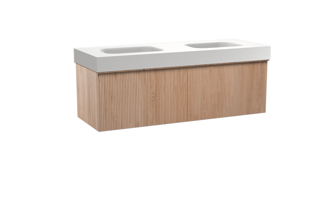 Balmani Forma zwevend badkamermeubel 150 x 55 cm natuur eik met Arcato dubbele wastafel in solid surface mat wit, Verticale symmetrische rechte ribbel