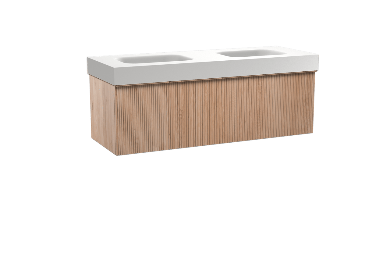 Balmani Forma zwevend badkamermeubel 150 x 55 cm natuur eik met Arcato dubbele wastafel in solid surface mat wit, Verticale symmetrische rechte ribbel
