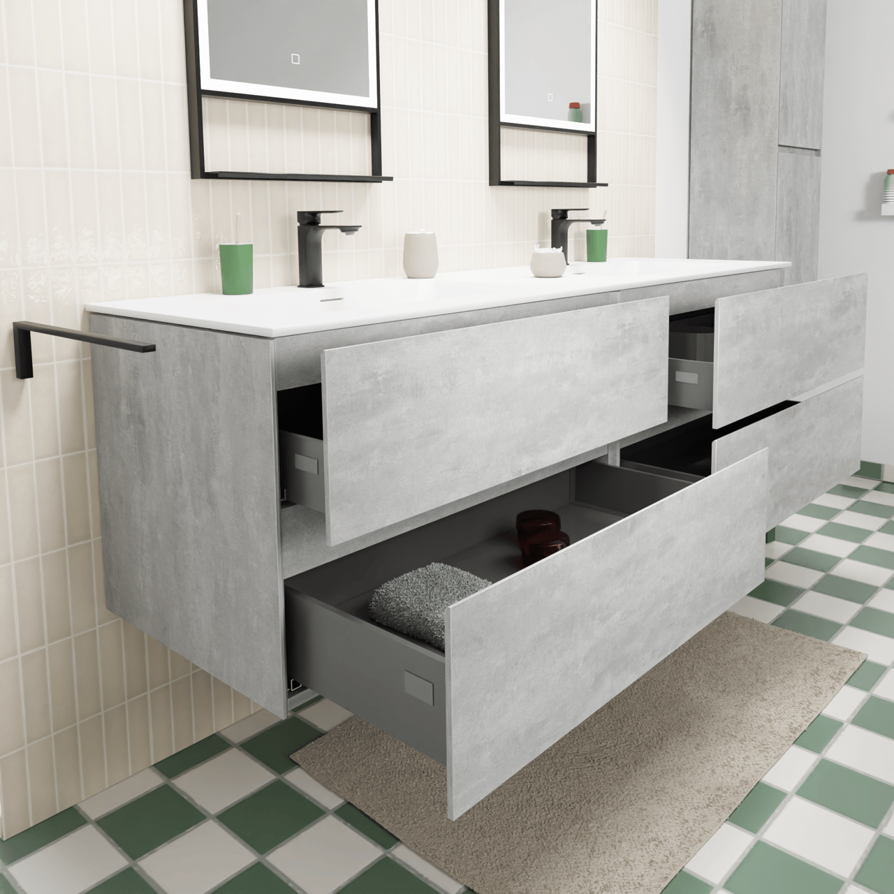 Storke Edge meuble salle de bains suspendu 170 x 52 cm béton gris foncé avec Mata double vasque en solid surface blanc mat