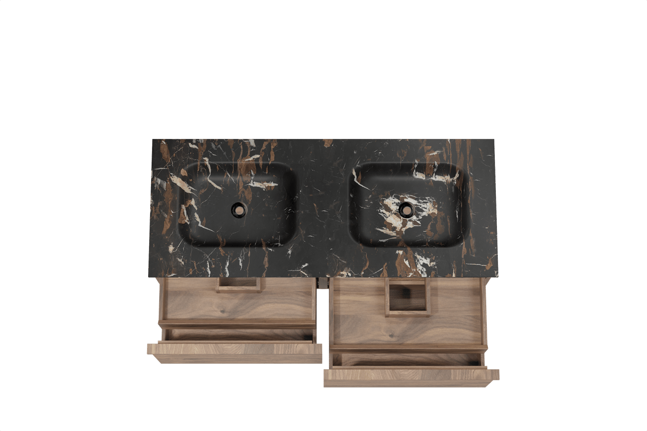 Balmani Forma hängendes Möbelstück Set: 135 x 55 cm, Amerikanischer Nussbaum, mit Tablo Arcato Doppelwaschtisch, Marmor, Portoro Gold, Horizontale symmetrische gerade Rippe