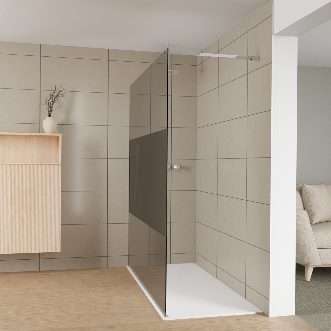 Balmani Modular douche à l'italienne: 180 x 200 cm, Verre fumé avec bande mate, avec coating, Profil Chrome brillant