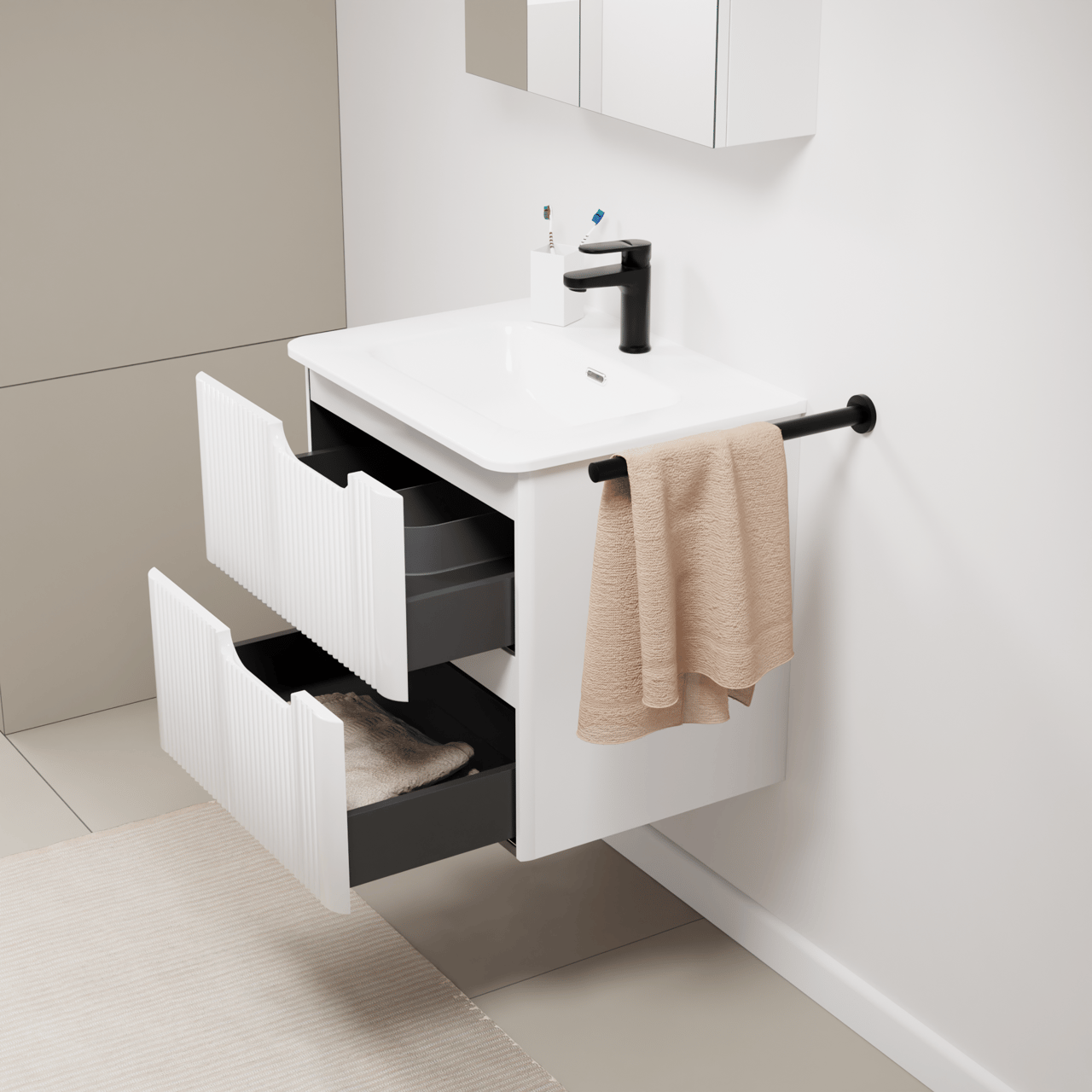 Linie Curvo hängendes Möbelstück Set: 60 x 46 cm, Weiβ glänzend, mit Baro Curvo Einzelwaschtisch Keramik Weiβ glänzend, Vertikale symmetrische runde Rippe