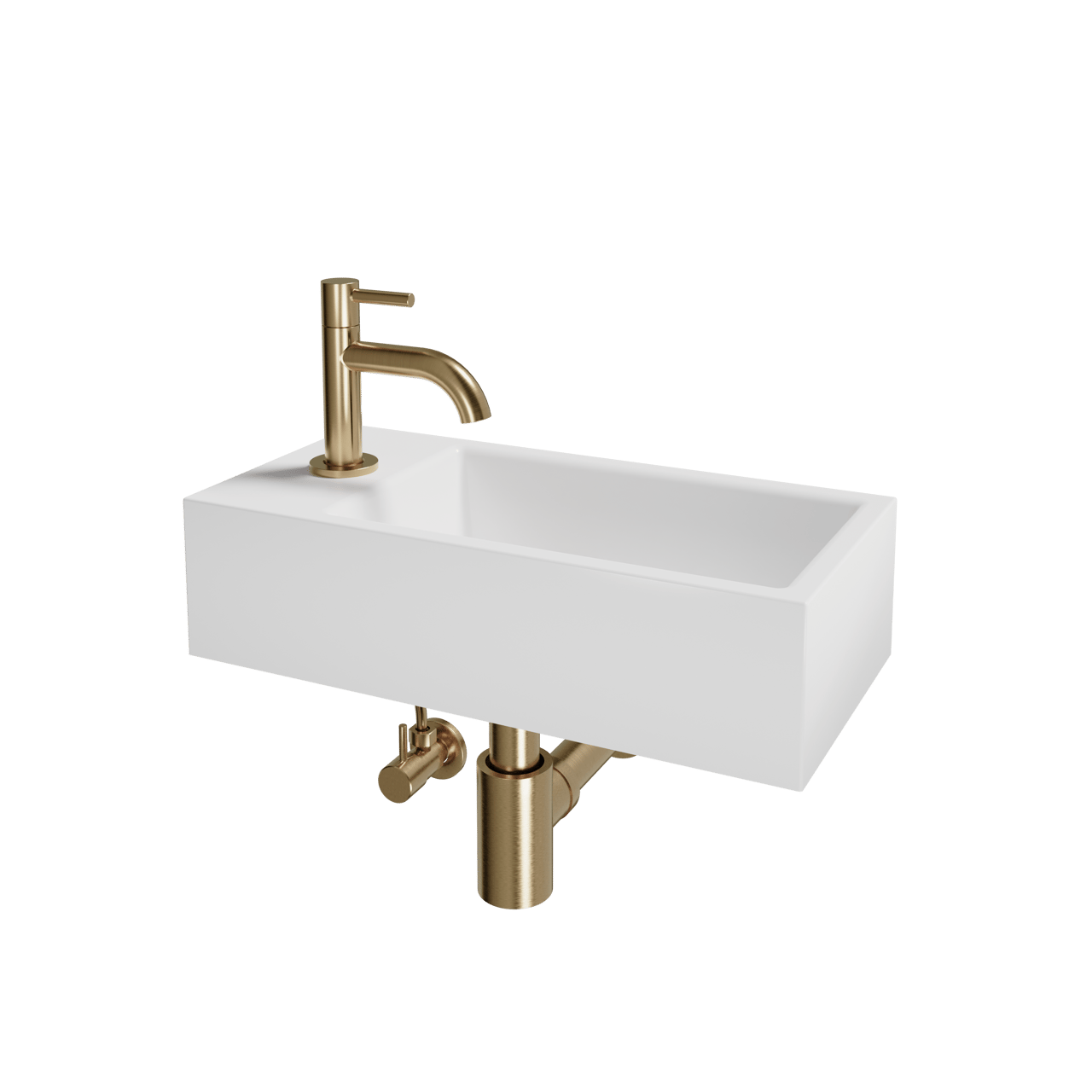 Luca Varess Cubic Handwaschbecken, Keramik weiß glänzend, 40,5 x 20 cm, Links, inklusive Rose Gold Wasserhahn und Zubehör