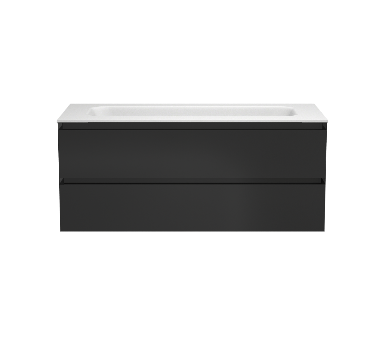 Balmani Mitra zwevend badkamermeubel 120 x 55 cm mat zwart met Tablo Arcato enkele wastafel voor 2 kraangaten in solid surface mat wit