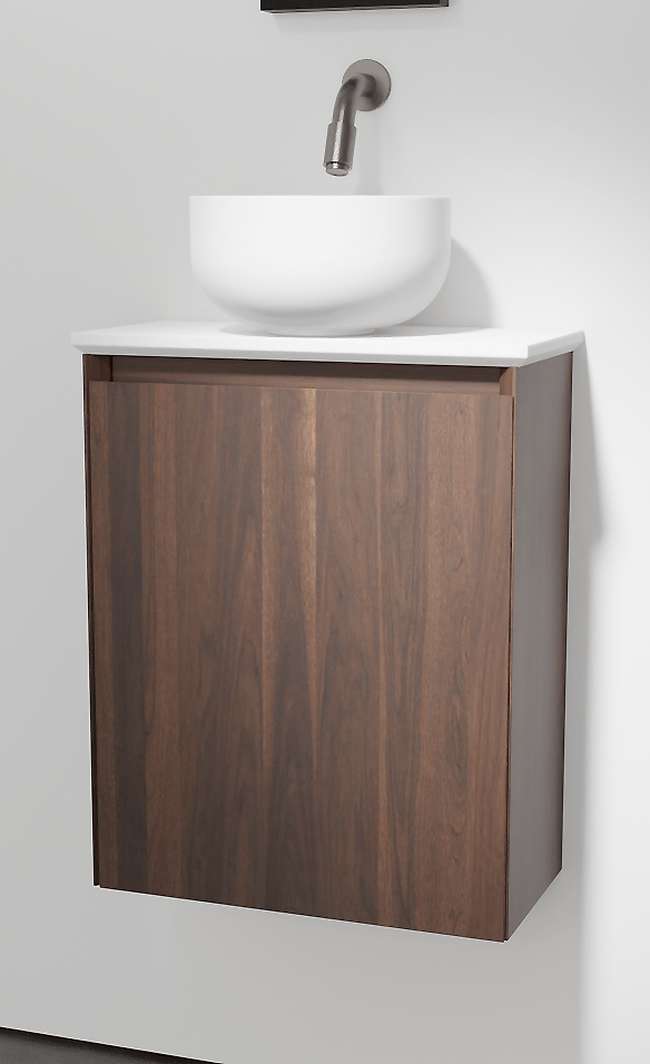 Balmani Mitra meuble wc suspendu 42 x 21 cm noyer américain avec Facetta tablette et Bowl vaque à poser en Solid Surface mat