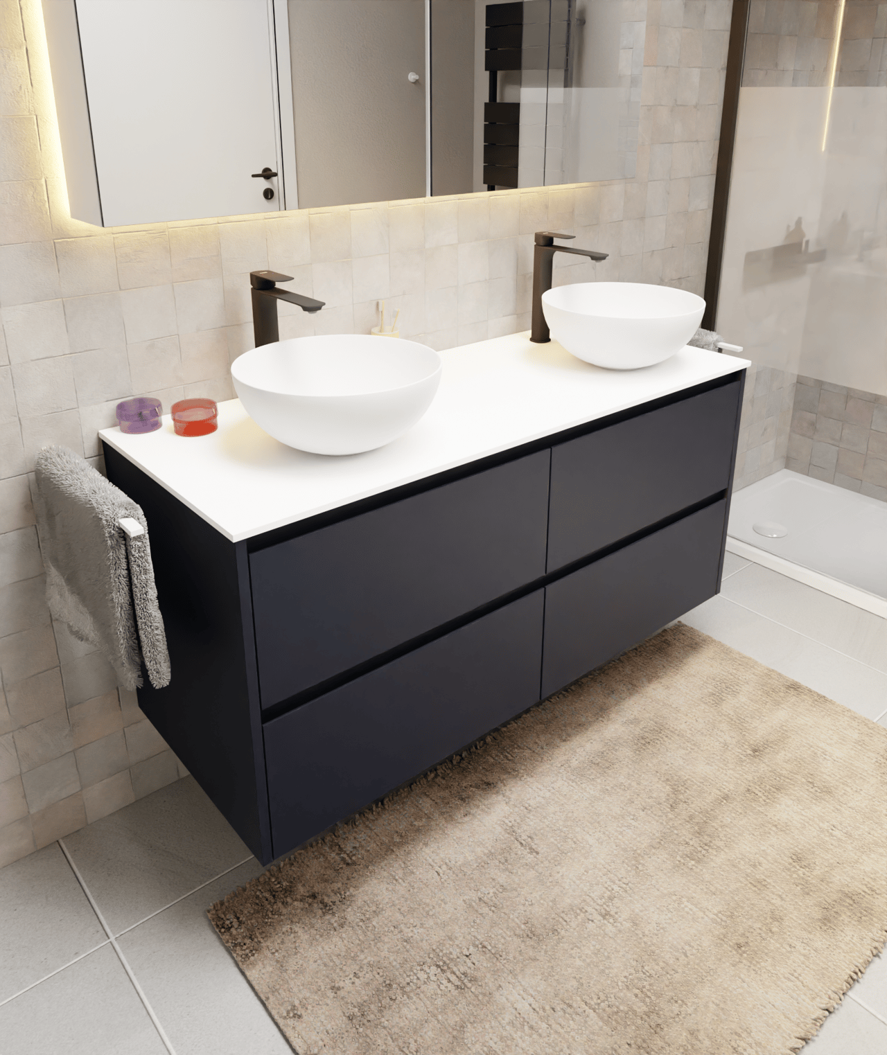 Storke Seda meuble sous-vasque suspendu 130 x 52 cm bleu nuit 4 tiroirs