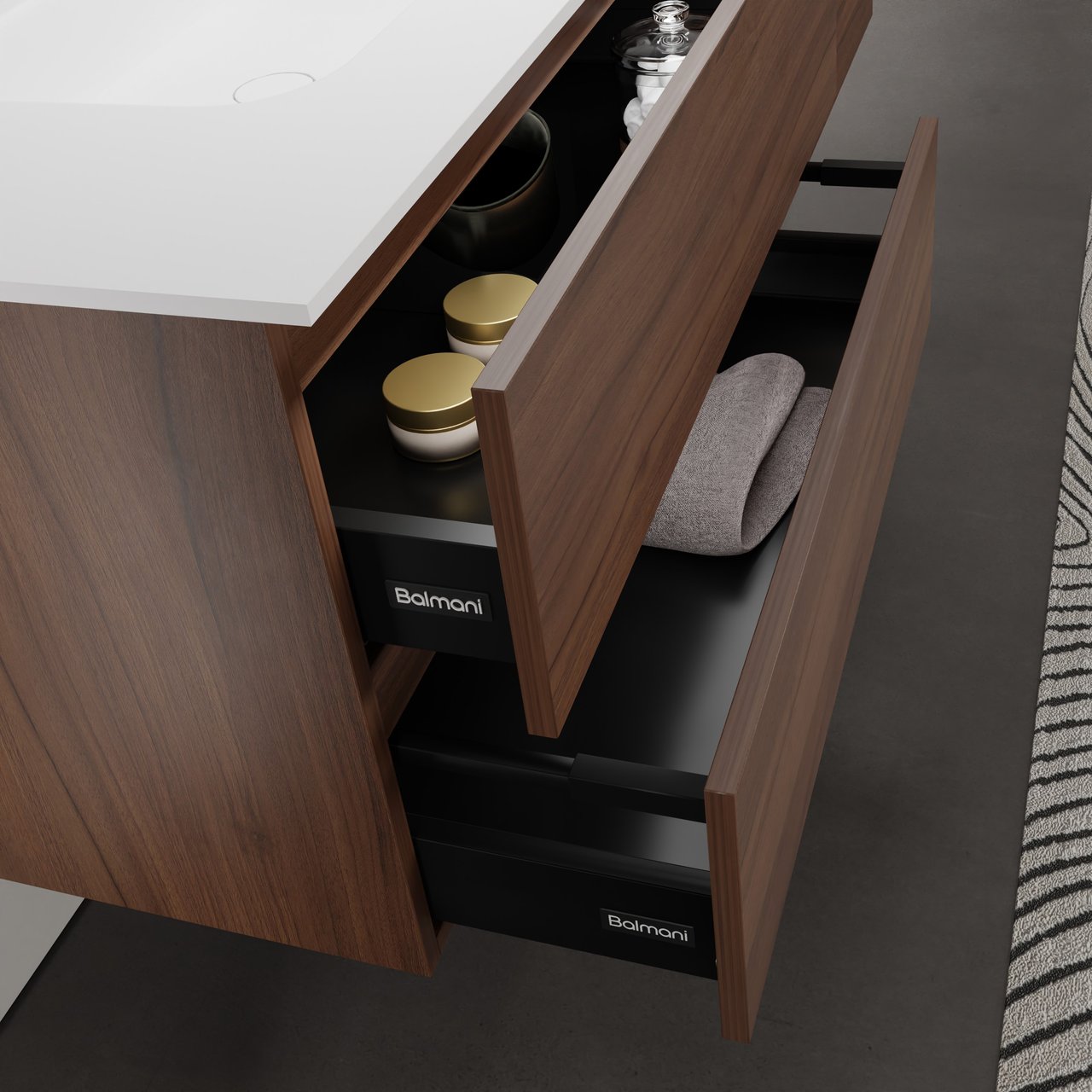 Balmani Lucida meuble salle de bains suspendu 150 x 55 cm noyer américain avec Tablo Arcato double vasque en solid surface blanc mat