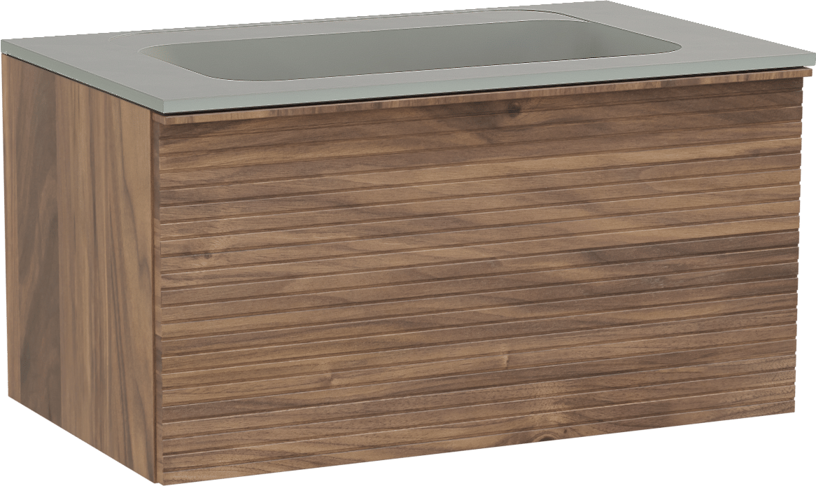 Balmani Forma hängendes Möbelstück Set: 90 x 55 cm, Amerikanischer Nussbaum, mit Tablo Strada Einzelwaschtisch, Marmorkomposit, Seidengrau, Horizontale symmetrische gerade Rippe