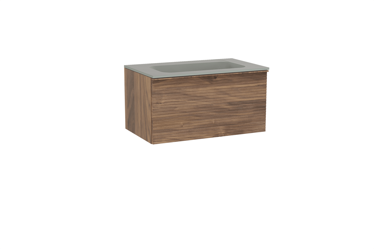 Balmani Forma zwevend badkamermeubel 90 x 55 cm amerikaanse notelaar met Tablo Strada enkele wastafel in composietmarmer zijdegrijs, Horizontale symmetrische rechte ribbel