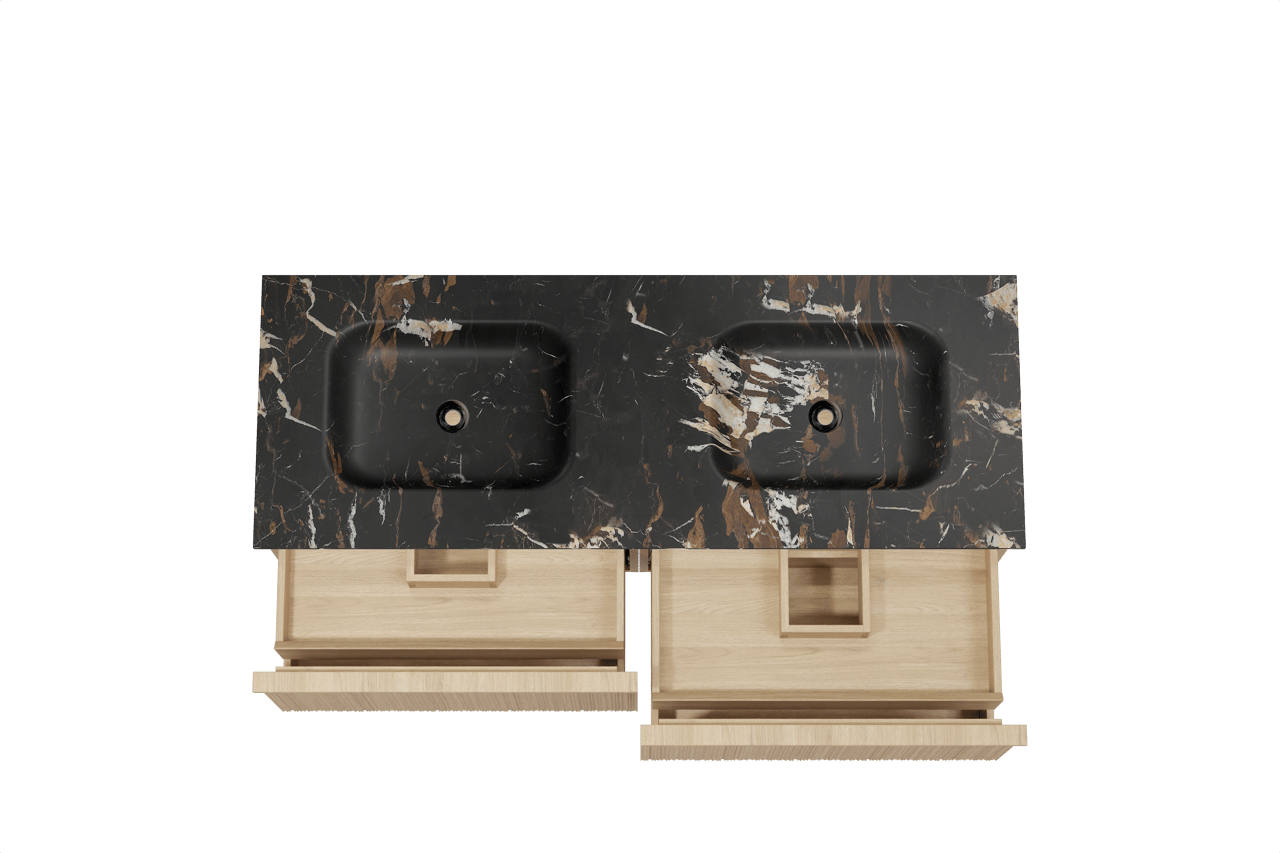 Balmani Forma zwevend badmeubel 150 x 55 cm naturel eiken met Tablo Arcato dubbele wastafel in marmer portoro gold, Verticale asymmetrische ronde ribbel