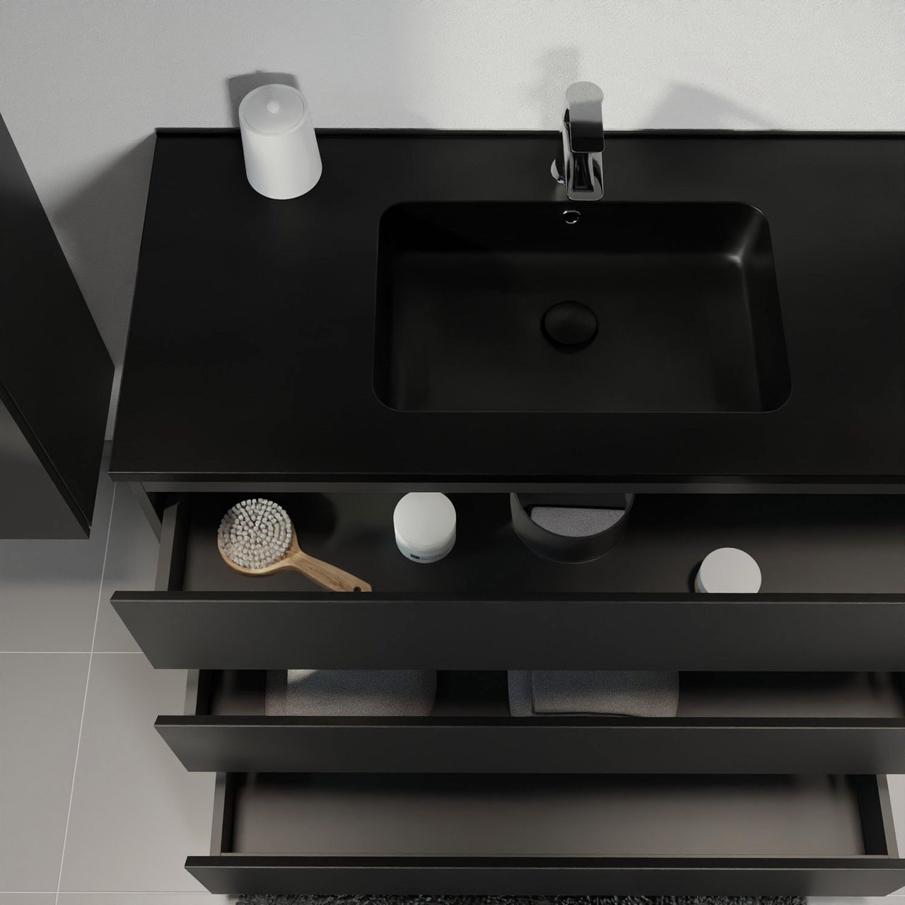 Linie Lado freistehendes Möbelstück Set: 80 x 46 cm, Schwarz matt, mit Vano Einzelwaschtisch, Marmorkomposit Schwarz matt