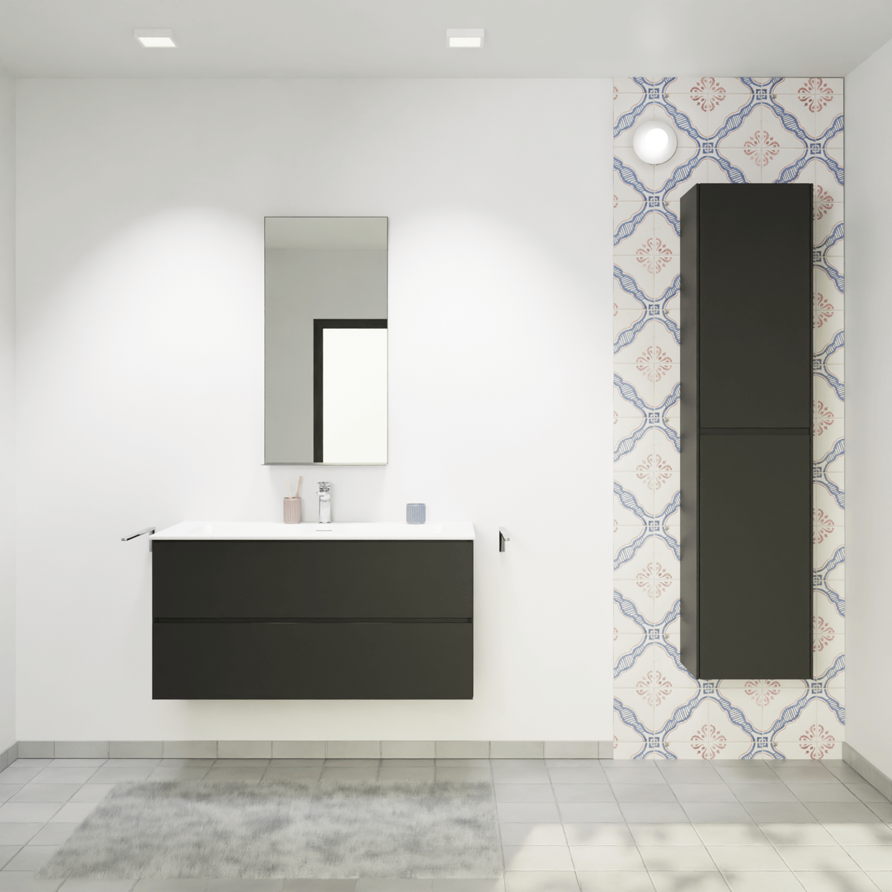 Storke Edge zwevend badmeubel 105 x 52 cm mat zwart met Mata enkele wastafel voor 2 kraangaten in solid surface mat wit