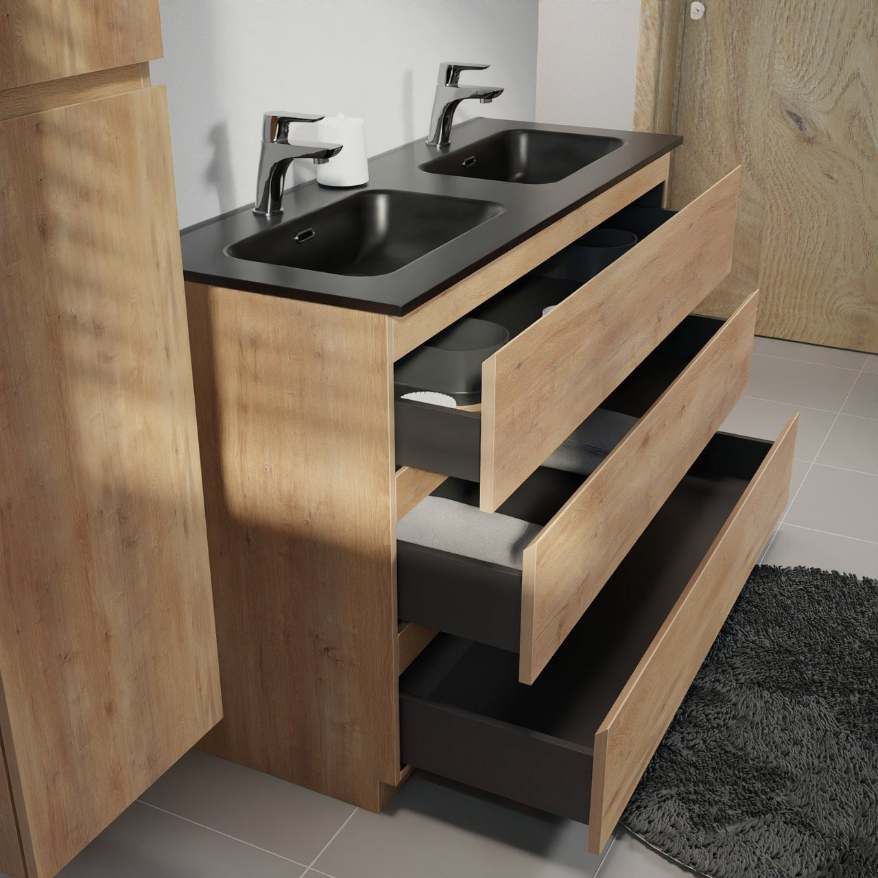 Linie Lado freistehendes Möbelstück Set: 120 x 46 cm, Naturbelassene Eiche, mit Baro Doppelwaschtisch, Porzellan Schwarz matt