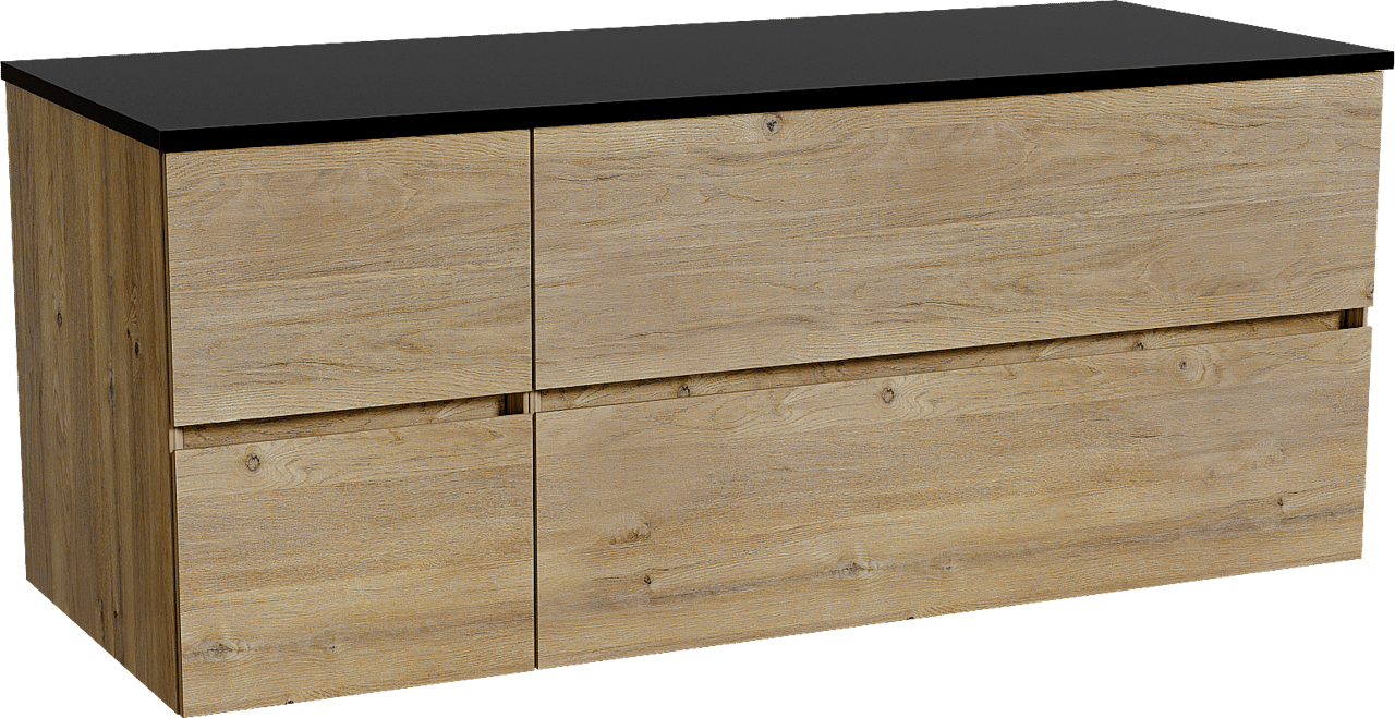 Storke Edge zwevend badkamermeubel 130 x 52 cm ruwe eik met Panton enkel of dubbel tablet in gepoedercoate mdf mat zwart