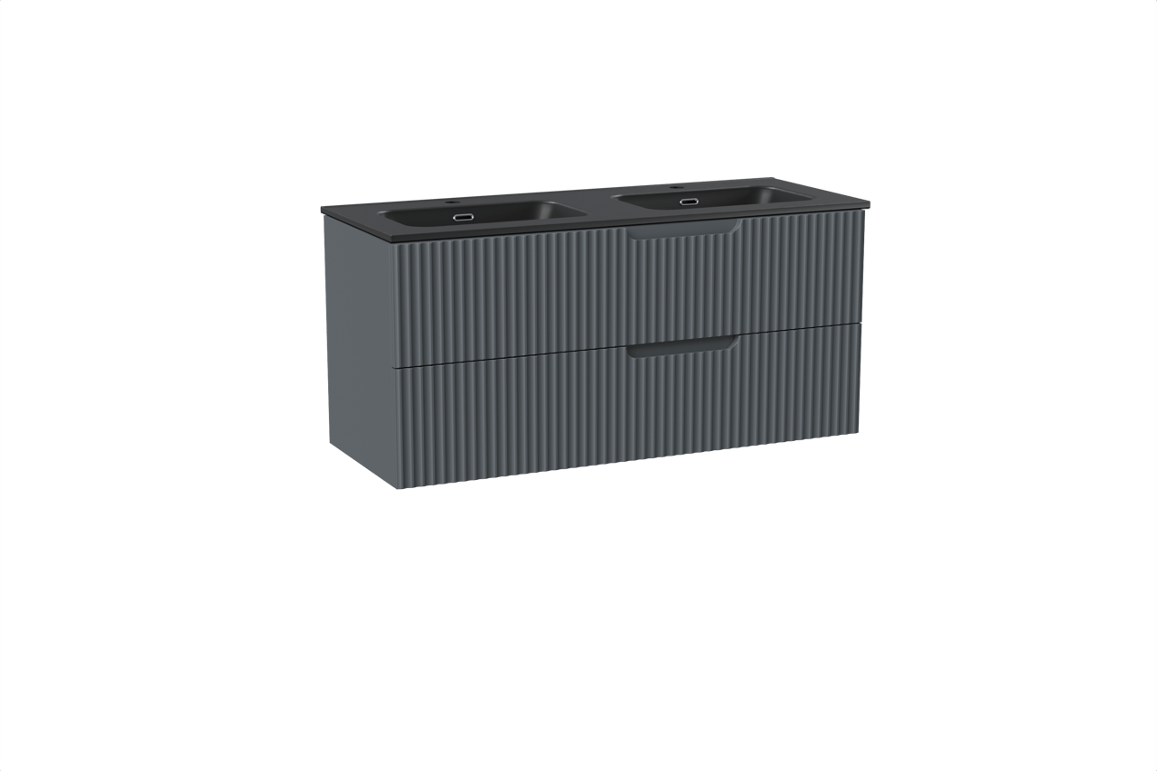 Linie Ribbo meuble salle de bains suspendu 120 x 46 cm bleu anthracite avec Baro double vasque en porcelaine noir mat, Nervure circulaire symétrique verticale