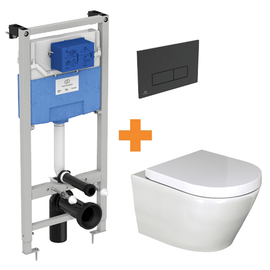 Luca Varess Calibro WC suspendu blanc brillant sans rebord avec bâti-support et Ideal Standard Oleas M2 noir mat plaque de déclenchement gratuit