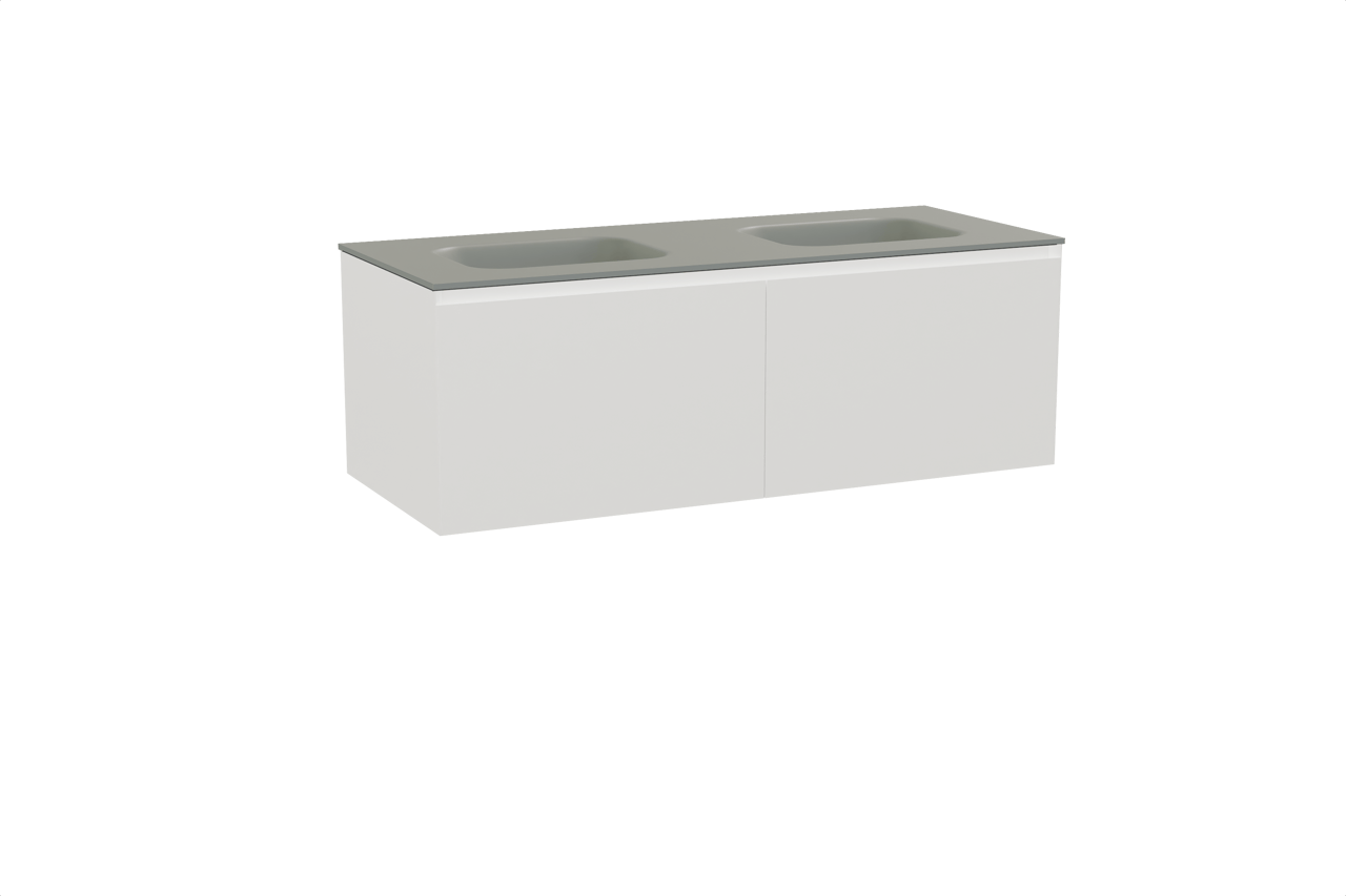 Balmani Idra zwevend badkamermeubel 135 x 55 cm mat wit met Tablo Arcato dubbele wastafel in solid surface steengrijs