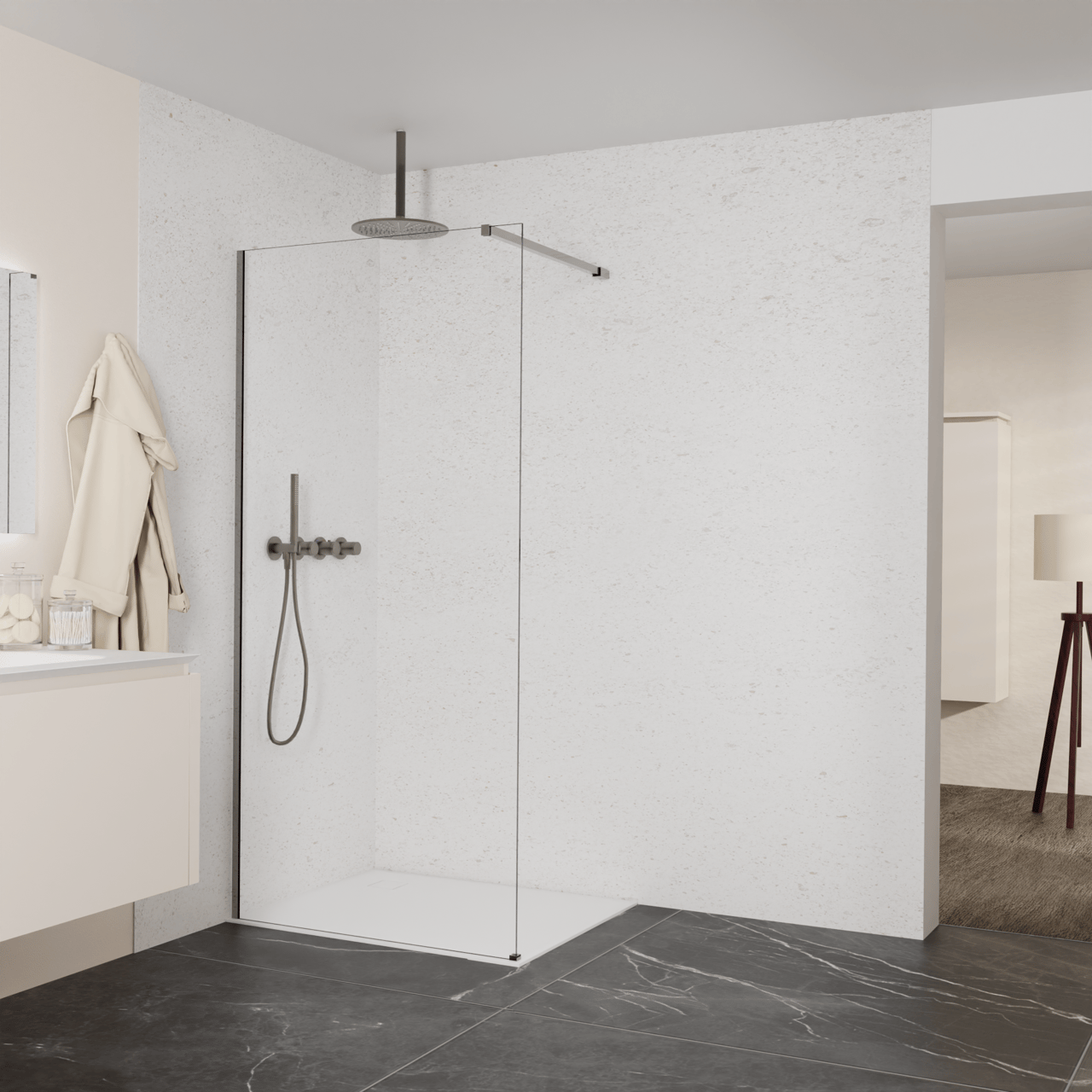 Balmani Modular inloopdouche: 100 x 200 cm, Helder glas met coating, Brushed GunMetal profielen