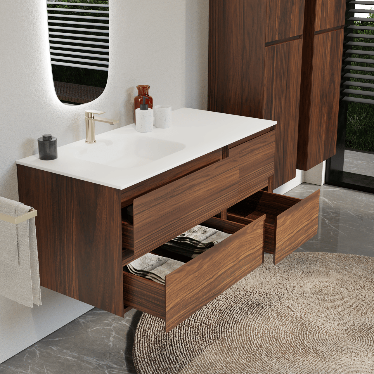 Balmani Mitra hängendes Möbelstück Set: 120 x 55 cm, Nussbaum, mit Tablo Arcato Waschtisch links, Solid Surface Weiß matt