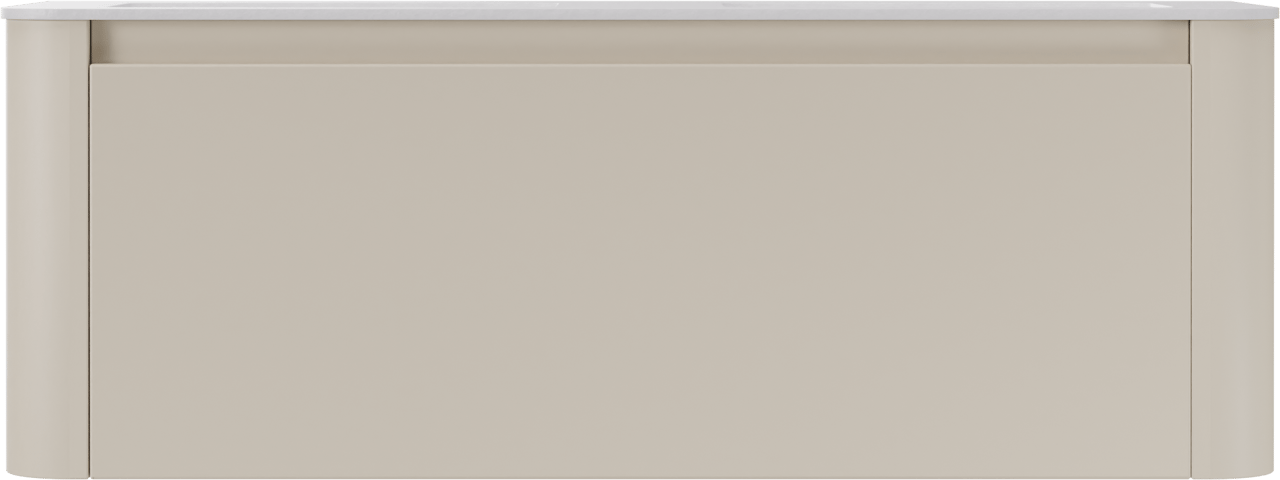 Storke Soft zwevend badkamermeubel 140 x 46 cm Sand mat met Mata Soft dubbele wastafel in solid surface mat wit