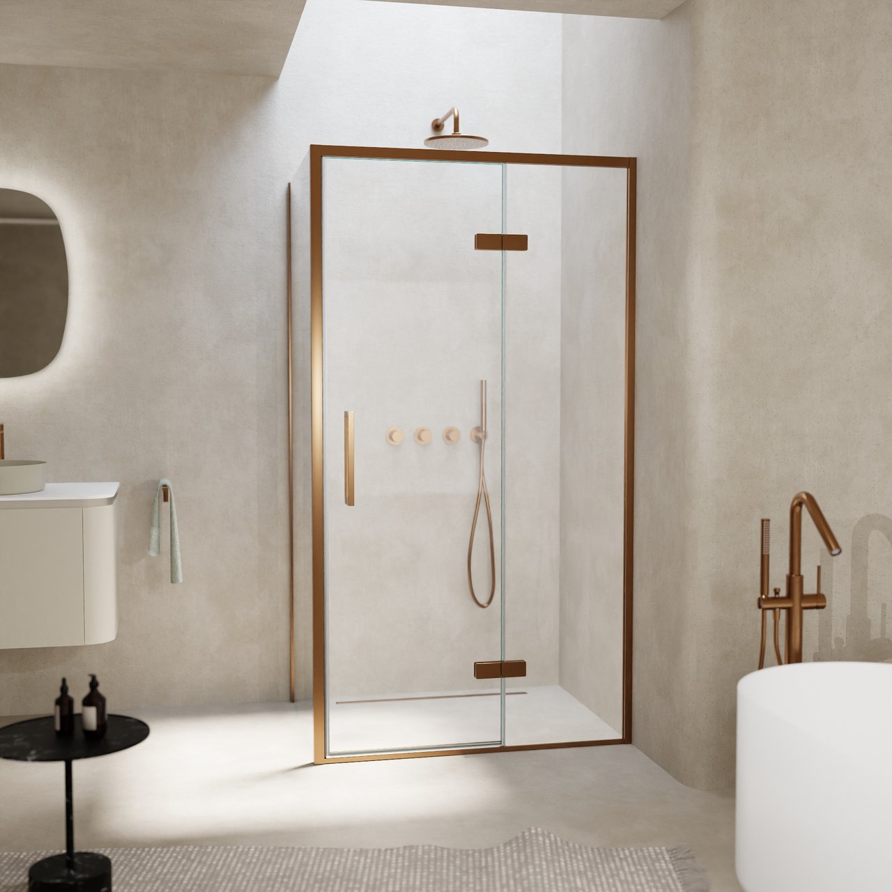 Balmani Senses Design douche en coin avec porte pivotante à droite et paroi latérale fixe, 100 x 80 cm, Verre transparent, Profil Brushed Rosegold