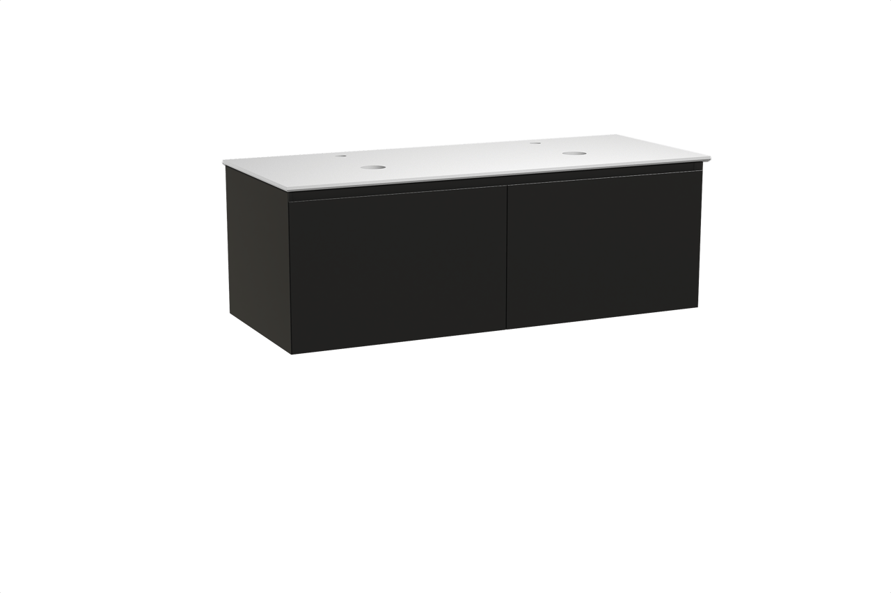 Balmani Idra hängendes Möbelstück Set: 135 x 55 cm, Schwarz matt, mit Facetta Doppel Waschtischplatte, Solid Surface Weiß matt