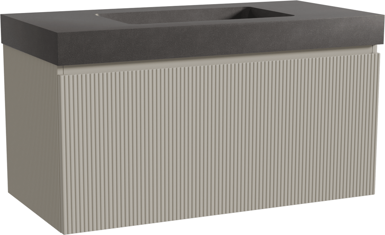 Storke Ribs zwevend badmeubel 105 x 52 cm zijdegrijs met Scuro High enkele wastafel in kwarts mat zwart, Verticale symmetrische rechte ribbel